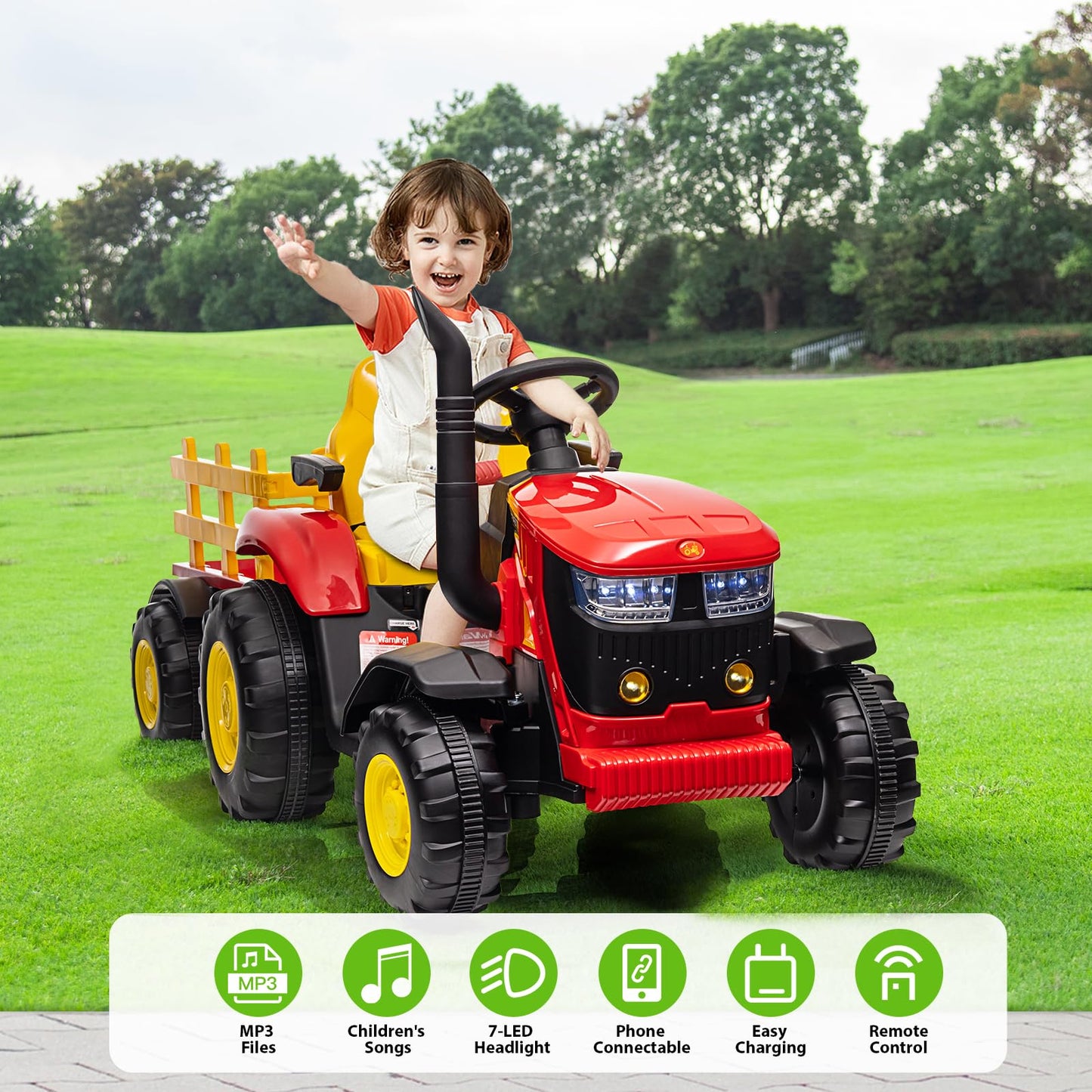 Garvee Ride - P Series: 12V Remote Control Tractor for Kids with 7-LED & Safety Belt - Red