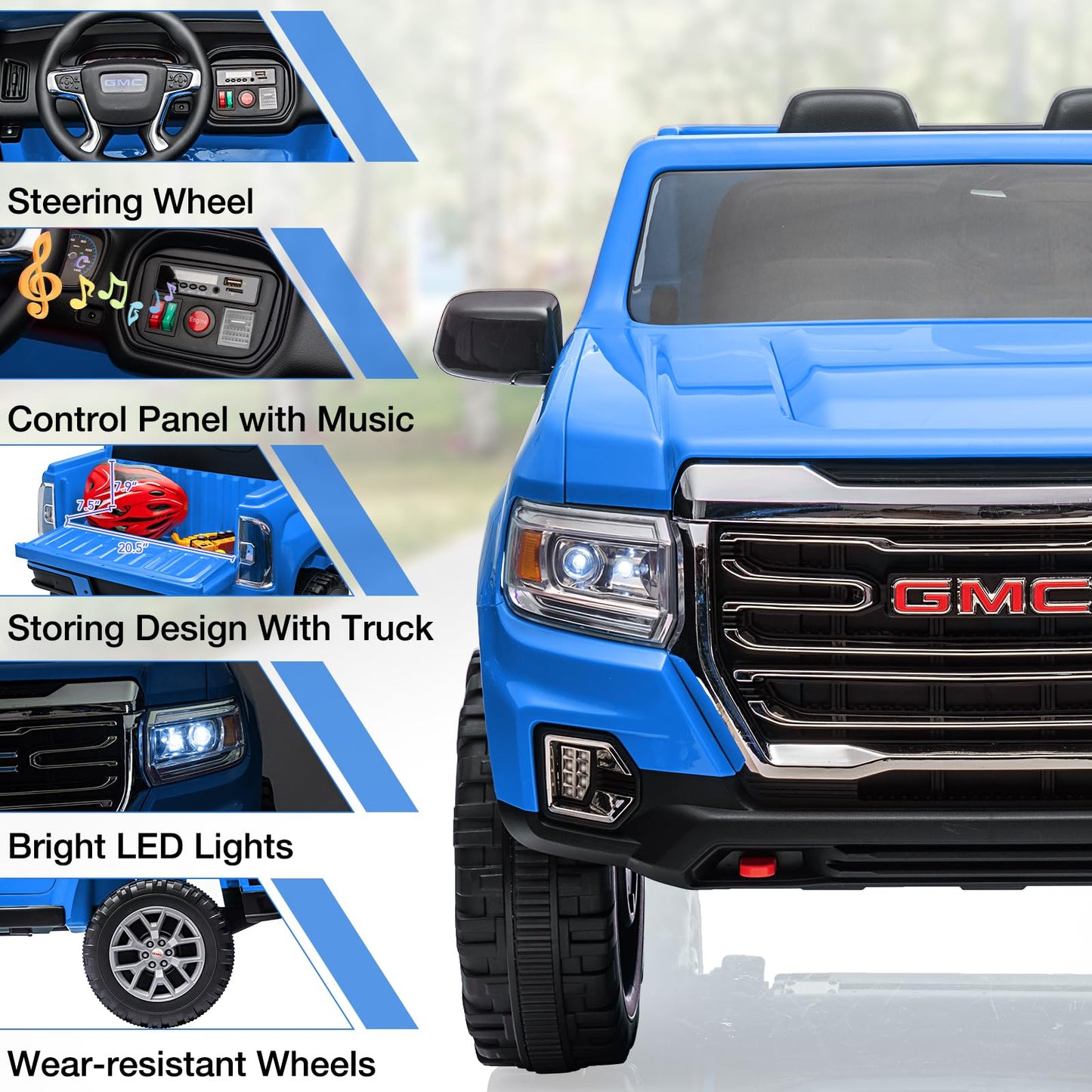 Garvee Ride - P Series: 24V 2-Seater Ride On Truck Car, Licensed GMC Battery Powered Electric Kids Car with Remote Control, LED Lights, MP3, 2 * 200W Motor, 20.5" Large Seat, Ride On Toys for Kids,Blue