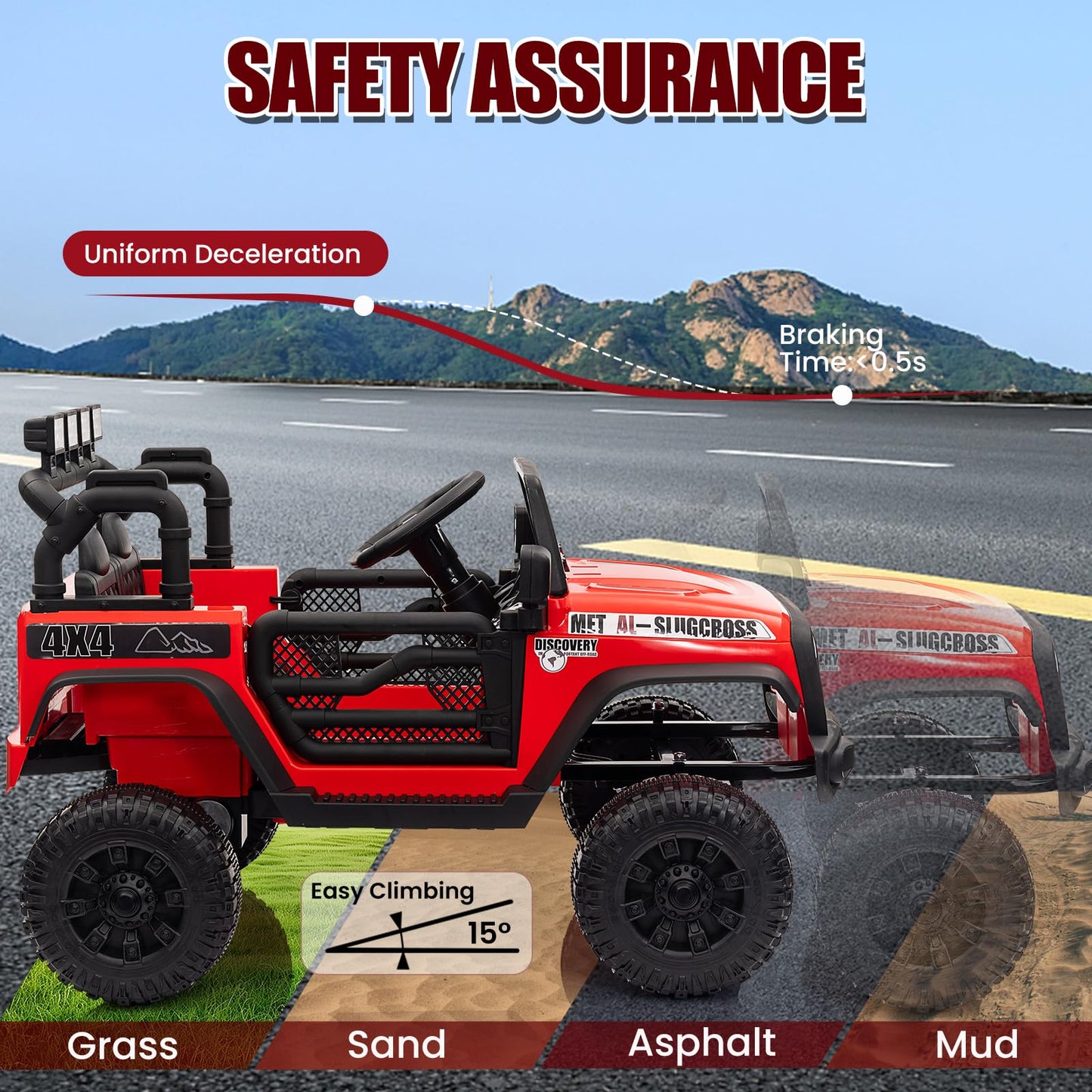 Garvee Ride - P Series: 12V Kids Electric Vehicles with Remote Control, 2 Speeds, Spring Suspension, LED Headlight, Bluetooth, Music, Battery Powered Car for Kids - Red