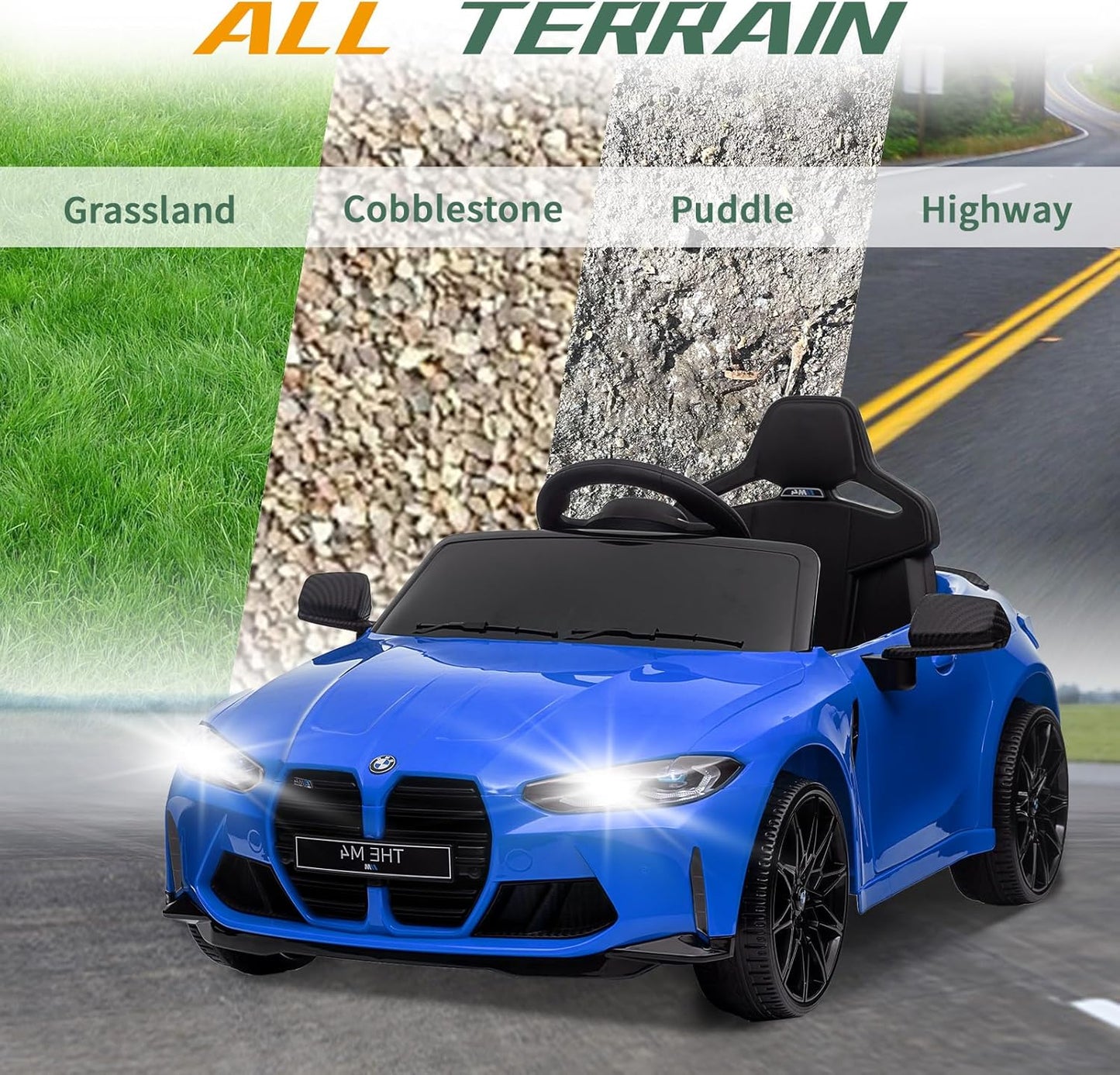 Garvee Ride - P Series: 12V Electric Ride On Car for 37-83 Months, w/RC,Licensed by BMW M4,Power Wheels for Boys Girls, with Suspension System,3 Speeds, Bluetooth, MP3, Double Door, LED Light - Blue