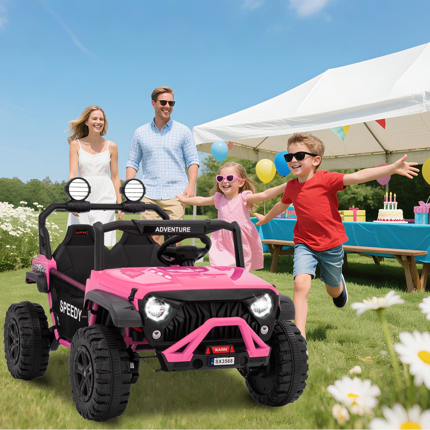 Garvee Ride P Series 24V Kids Toddler Ride On Truck 4WD 3 Speeds Large 7AH Battery Bluetooth MP3 Parent Safety Brake Red Outdoor Play - Pink