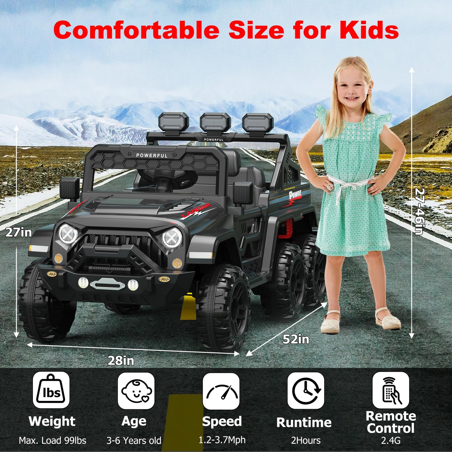 Garvee Ride - P Series: 24V 4WD Ride on Car Kids Ages 3-8, with 6 EVA Wheels, Battery Powered & Remote Control, 3 Adjustable Speeds, Soft Start, Battery Display, Music - Black