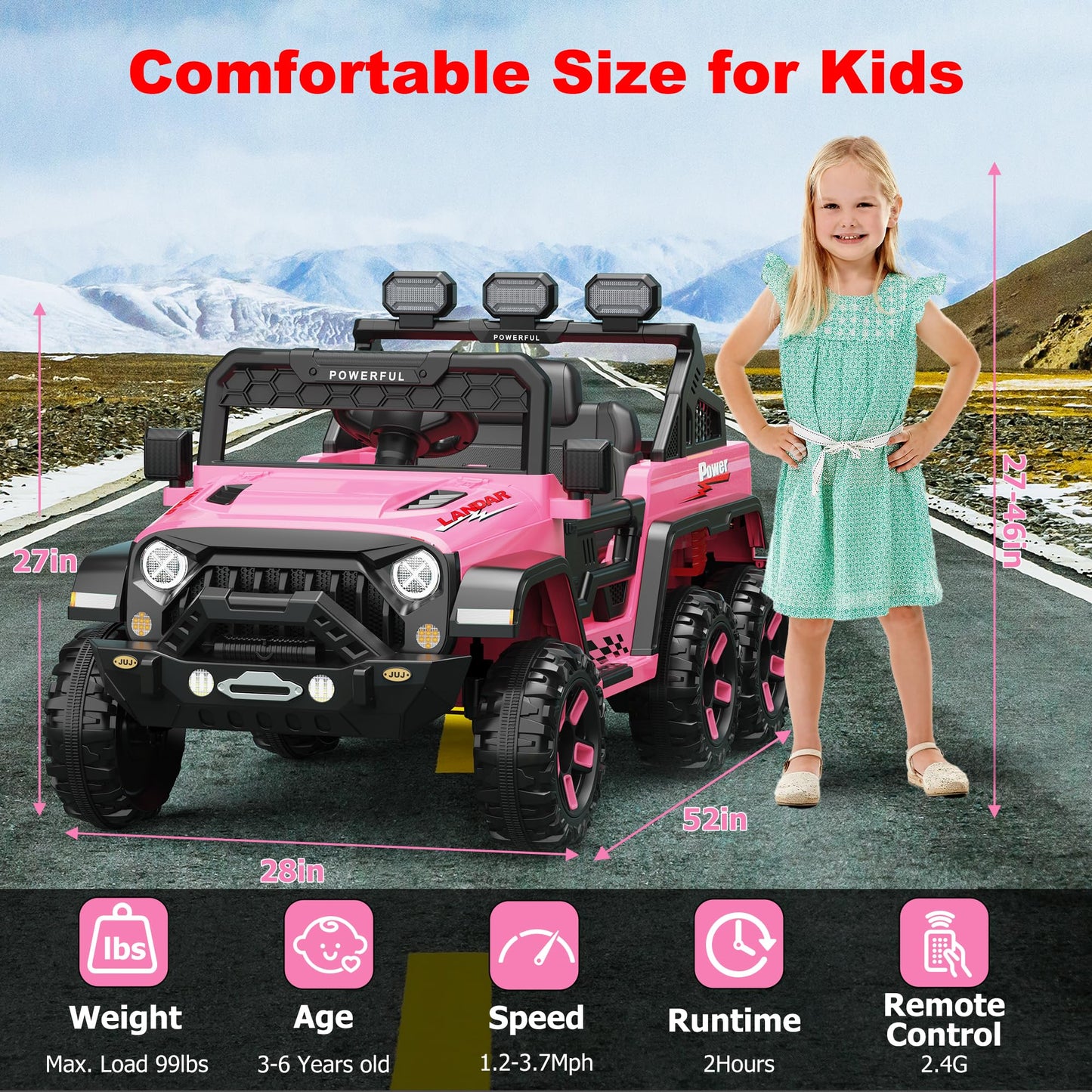 Garvee Ride - P Series: 24V 4WD Ride on Car Kids Ages 3-8, with 6 EVA Wheels, Battery Powered & Remote Control, 3 Adjustable Speeds, Soft Start, Battery Display, Music - Pink