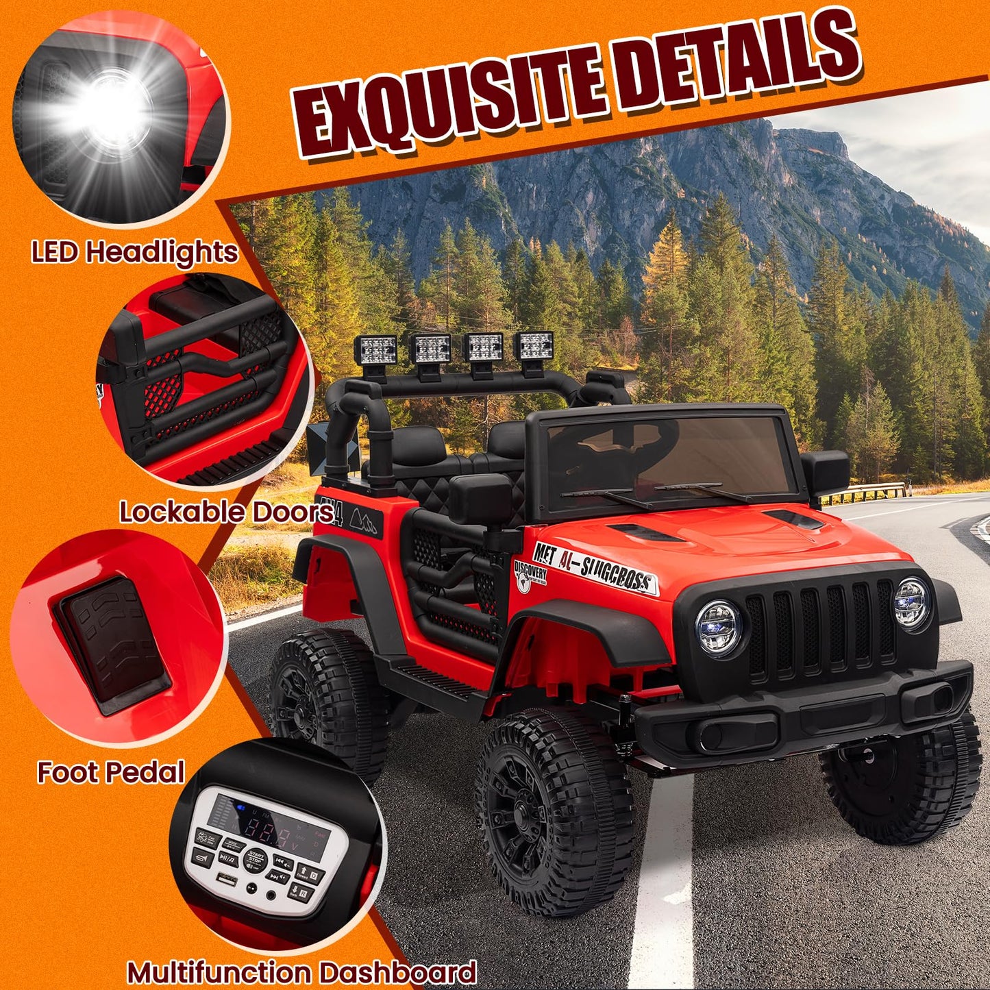 Garvee Ride - P Series: 12V Kids Electric Vehicles with Remote Control, 2 Speeds, Spring Suspension, LED Headlight, Bluetooth, Music, Battery Powered Car for Kids - Red
