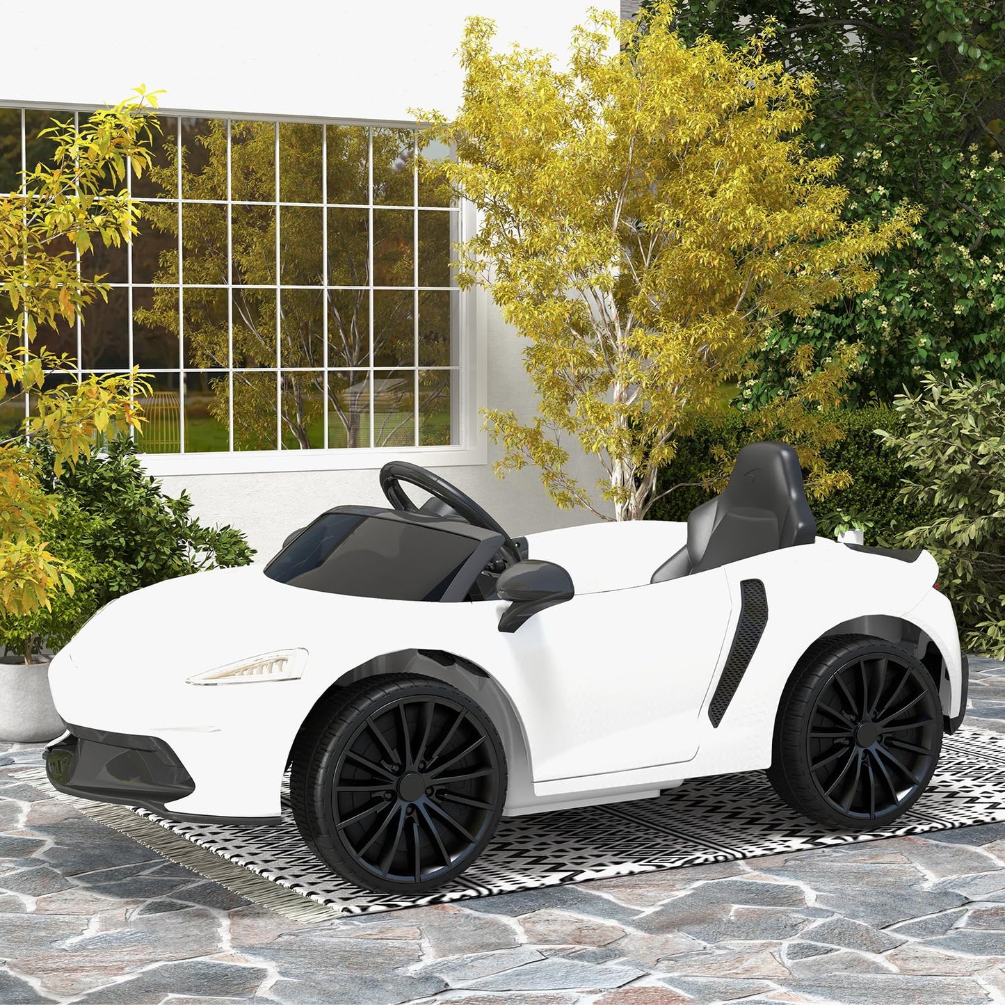 Garvee Ride - P Series: 12V Kids Ride on Car, Licensed Mclaren Battery Powered Electric Car with Remote Control, 3 Speeds, Bluetooth Music, Horn, LED Lights, 4-Wheel Ride on Toys - White