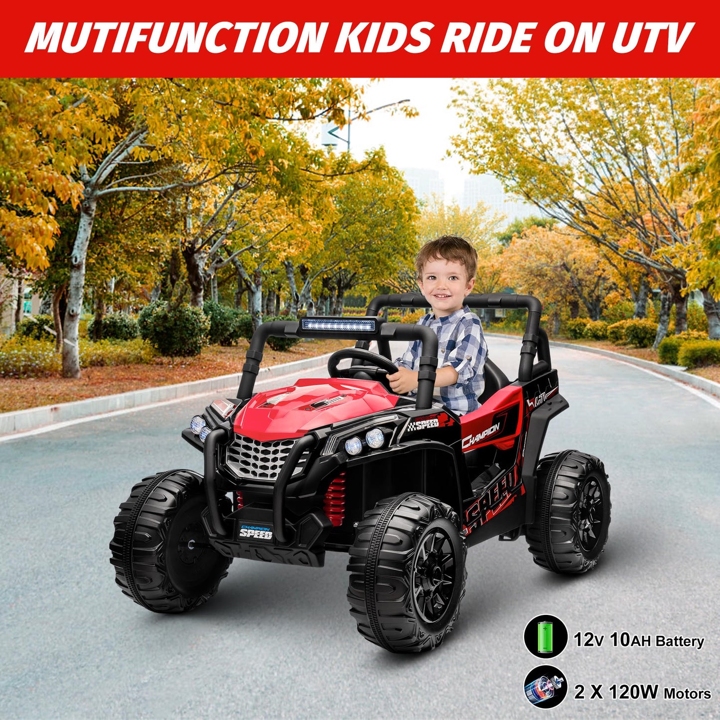 Garvee Ride - P Series: 12V Toy Electric Truck UTV with Large Wide Seat and Remote Control, Led Lights, Wireless Connection, Music, 2 Spring Suspension for 3-8 Boys & Girls