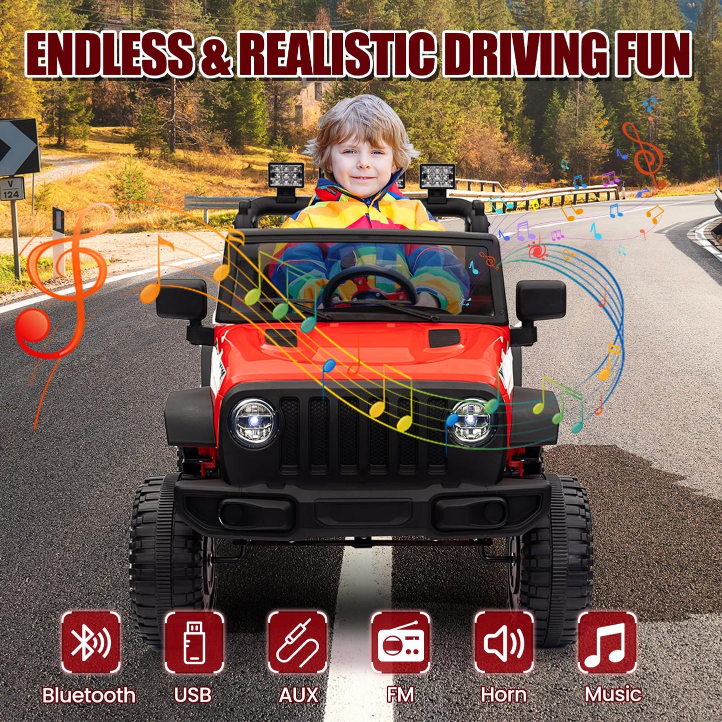 Garvee Ride - P Series: 12V Kids Electric Vehicles with Remote Control, 2 Speeds, Spring Suspension, LED Headlight, Bluetooth, Music, Battery Powered Car for Kids - Red
