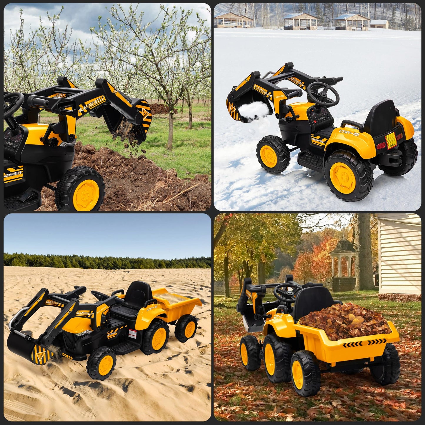 Garvee Ride - P Series: 12V 3 in 1 Ride on Excavator & Tractor with Detachable Trailer, Ride on Car Toy with Remote Control, Digger, LED Lights, Music, Kids Electric Vehicles for Boys Girls, Yellow