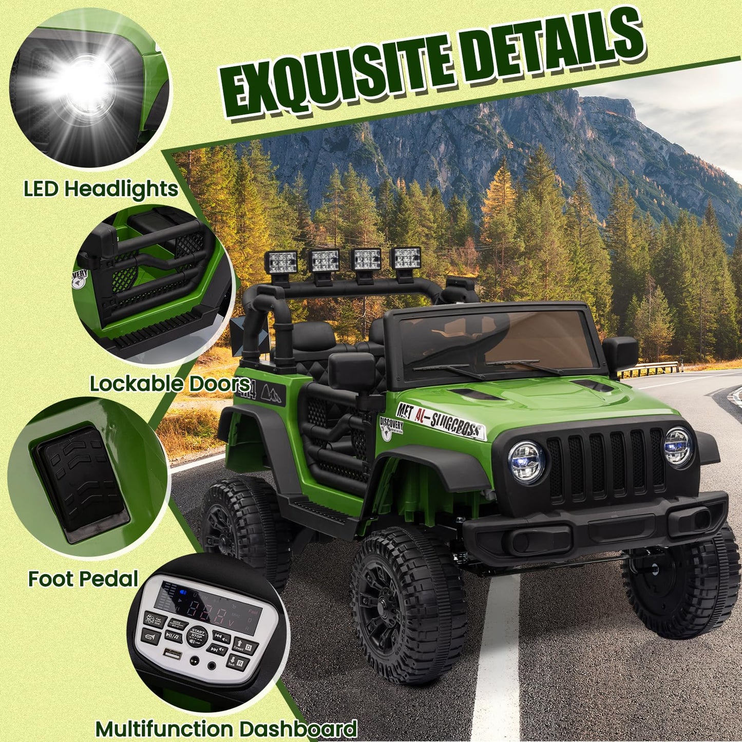 Garvee Ride - P Series: 12V Kids Electric Vehicles with Remote Control, 2 Speeds, Spring Suspension, LED Headlight, Bluetooth, Music, Battery Powered Car for Kids - Green
