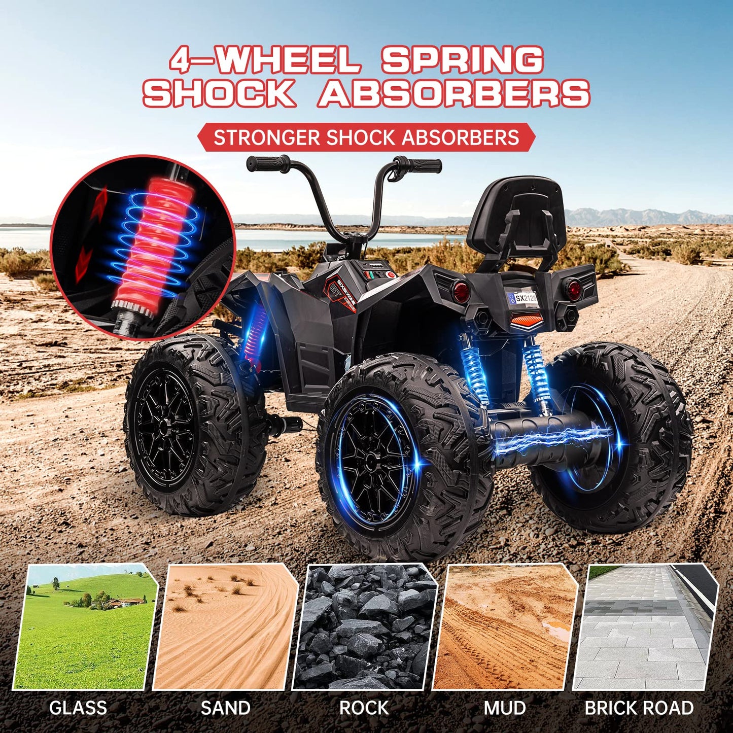 Garvee Ride - P Series: 24V Kids ATV, Ride on Car 4WD Quad Electric Vehicle, 4x80W Powerful Engine, with 7AHx2 Large Battery, Accelerator Handle, EVA Tire, Full Metal Suspension, LED Light, Bluetooth&Music - Blake