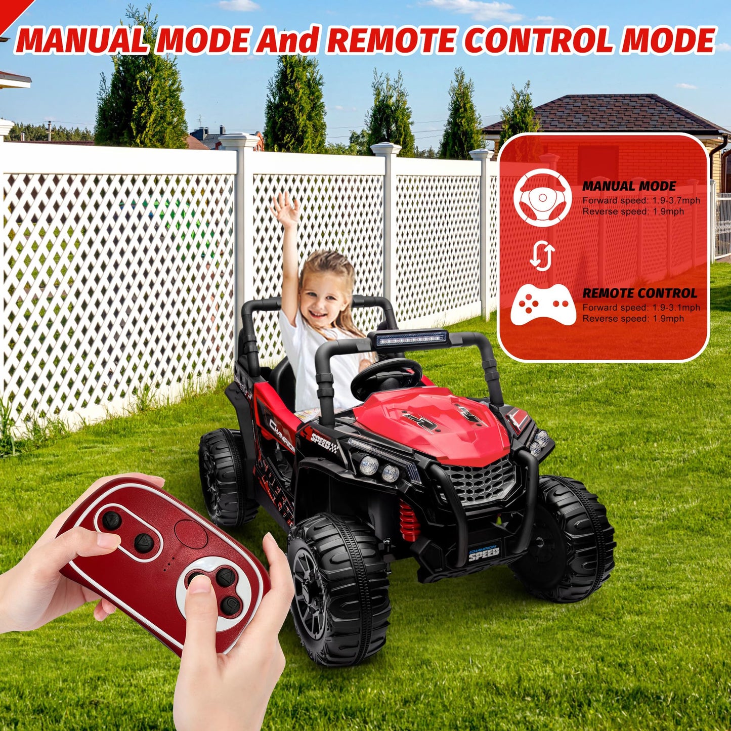 Garvee Ride - P Series: 12V Toy Electric Truck UTV with Large Wide Seat and Remote Control, Led Lights, Wireless Connection, Music, 2 Spring Suspension for 3-8 Boys & Girls