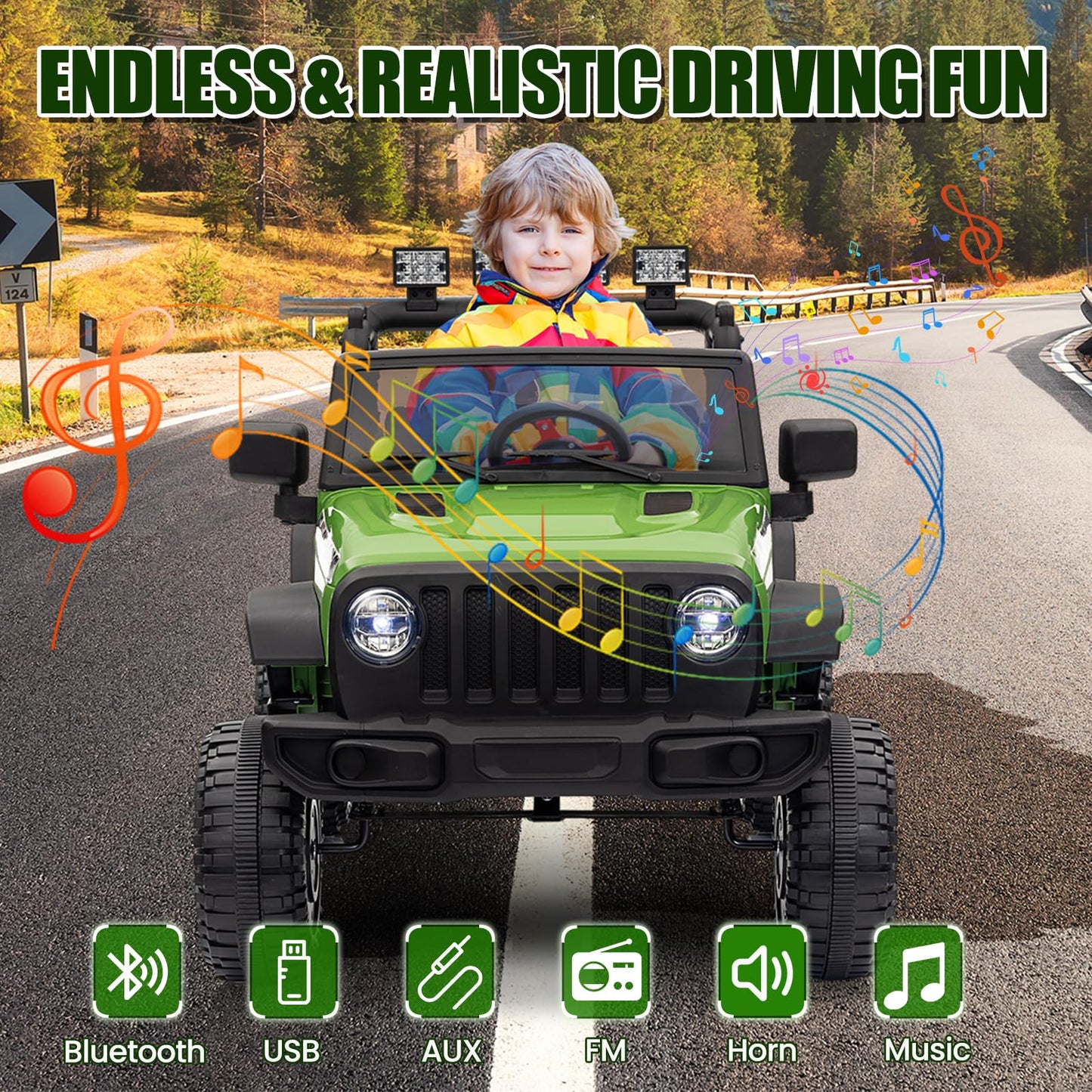 Garvee Ride - P Series: 12V Kids Electric Vehicles with Remote Control, 2 Speeds, Spring Suspension, LED Headlight, Bluetooth, Music, Battery Powered Car for Kids - Green