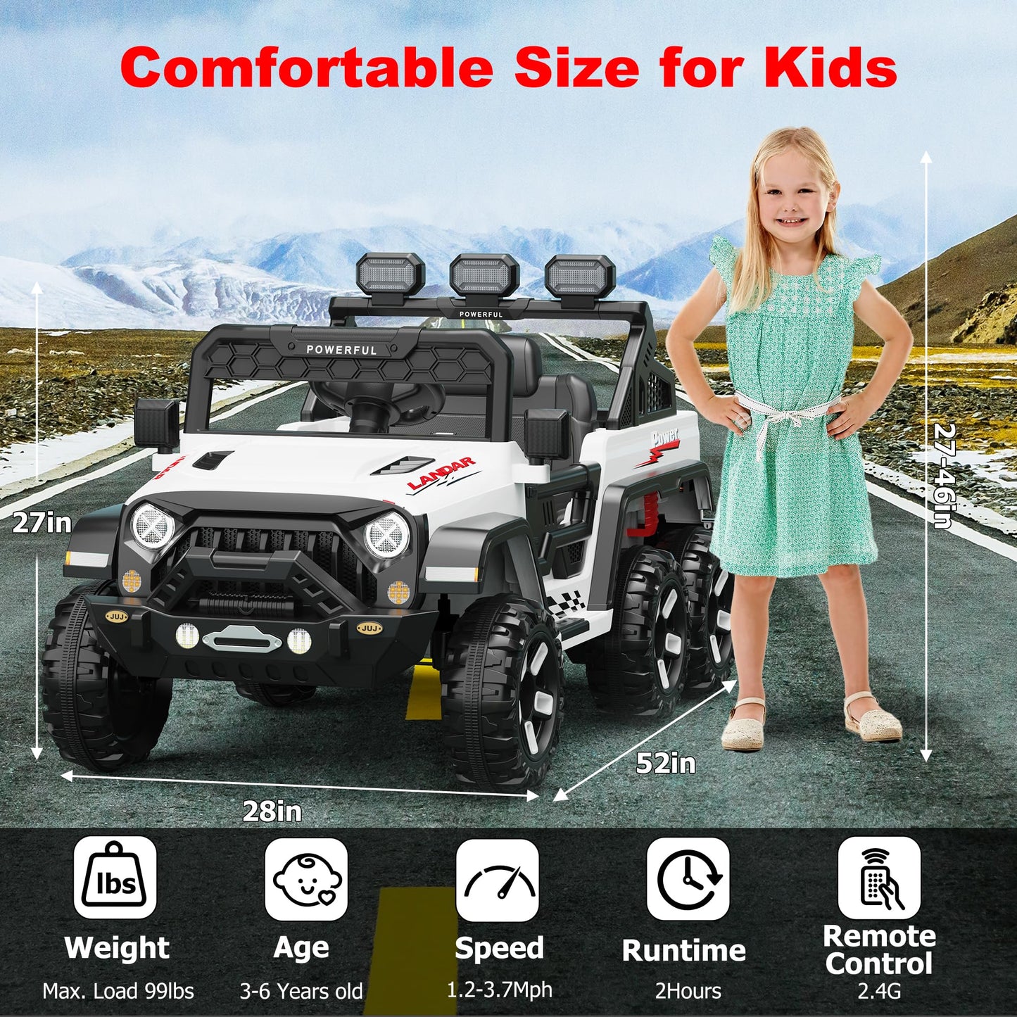 Garvee Ride - P Series: 24V 4WD Ride on Car Kids Ages 3-8, with 6 EVA Wheels, Battery Powered & Remote Control, 3 Adjustable Speeds, Soft Start, Battery Display, Music - White