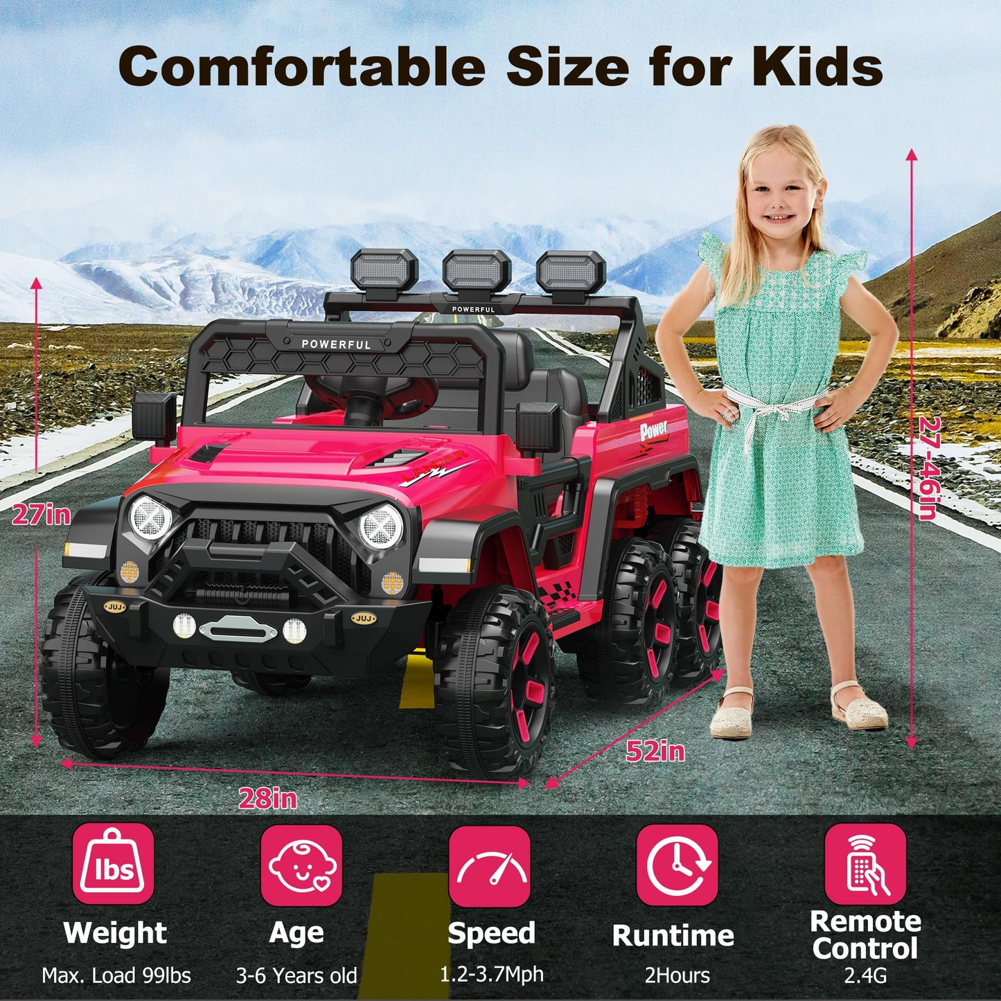 Garvee Ride - P Series: 24V 4WD Ride on Car Kids Ages 3-8, with 6 EVA Wheels, Battery Powered & Remote Control, 3 Adjustable Speeds, Soft Start, Battery Display, Music - Rose Red