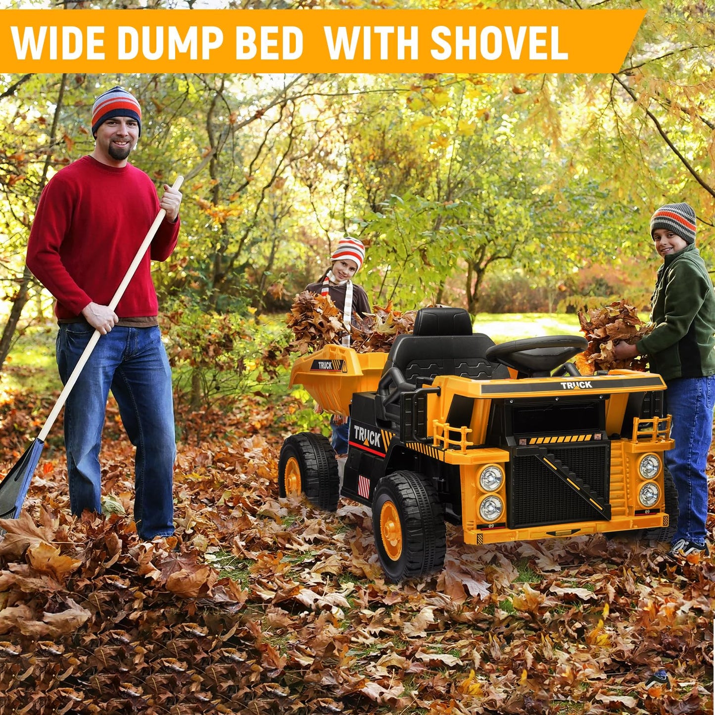 Garvee Ride - P Series: 12V Ride On Construction Vehicle for Kids With Remote Control, Electric Dump Bed,Shovel,Music Player, and Four Wheel Shock Absorption for Kids 3+(Yellow)
