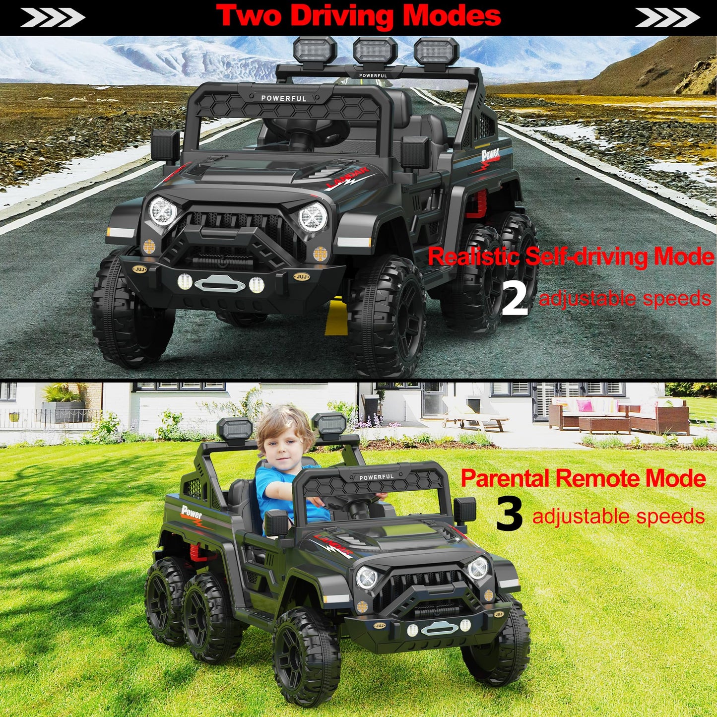 Garvee Ride - P Series: 24V 4WD Ride on Car Kids Ages 3-8, with 6 EVA Wheels, Battery Powered & Remote Control, 3 Adjustable Speeds, Soft Start, Battery Display, Music - Black