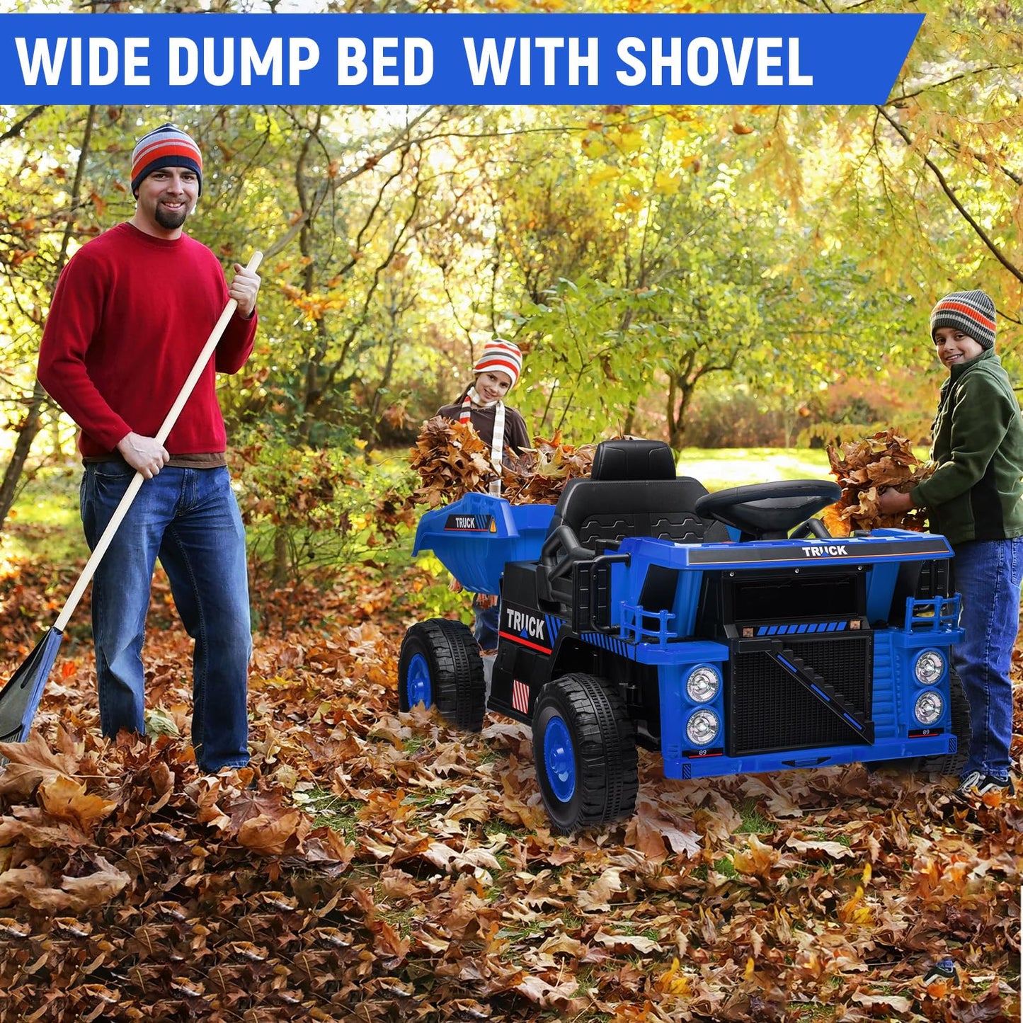 Garvee Ride - P Series: 12V Ride On Construction Vehicle for Kids With Remote Control, Electric Dump Bed,Shovel,Music Player, and Four Wheel Shock Absorption for Kids 3+(Blue)