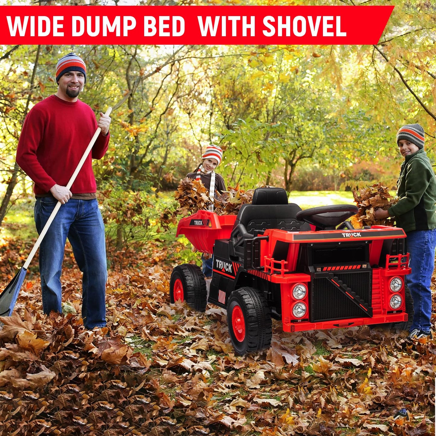 Garvee Ride - P Series: 12V Ride On Construction Vehicle for Kids With Remote Control, Electric Dump Bed,Shovel,Music Player, and Four Wheel Shock Absorption for Kids 3+(Red)