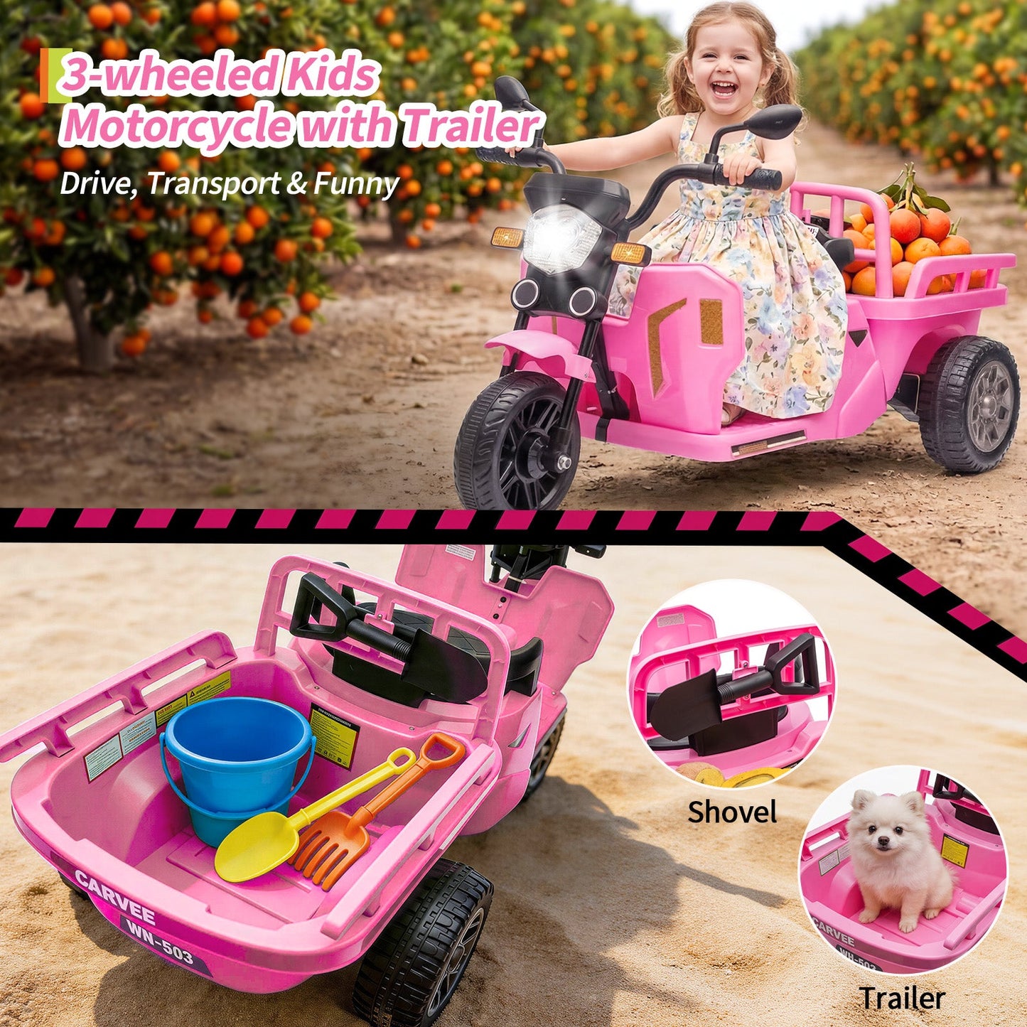 Garvee Ride P Series 3-Wheels Electric Tricycle w/Trailer, 12V Battery Powered Kids Motorcycle with Sand Shovel, 2x55W Motors, Bluetooth, Music, Headlight, Ride on Motorcycle for Kids Toddlers, Gift for Boys Girls, Pink