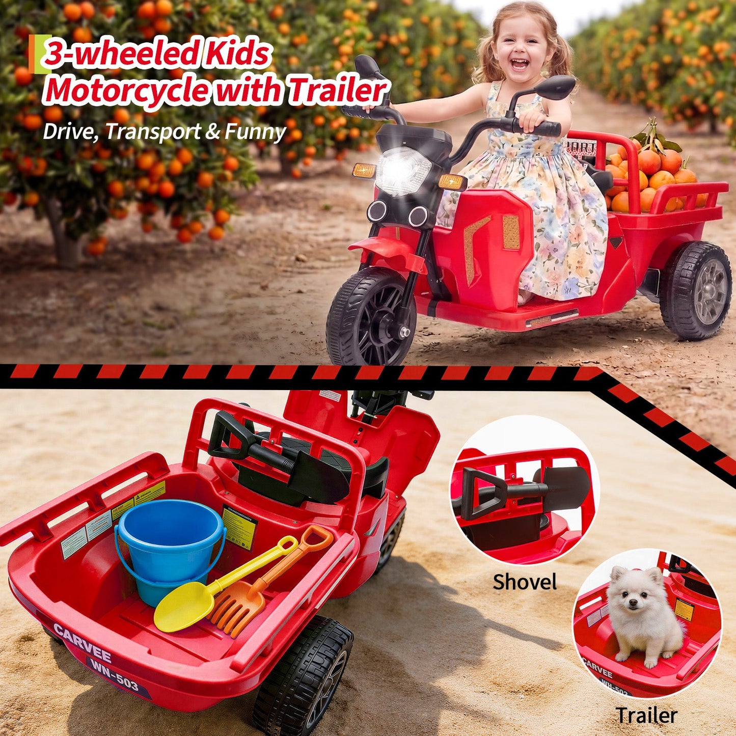 Garvee Ride P Series 3-Wheels Electric Tricycle w/Trailer, 12V Battery Powered Kids Motorcycle with Sand Shovel, 2x55W Motors, Bluetooth, Music, Headlight, Ride on Motorcycle for Kids Toddlers, Gift for Boys Girls,  Red