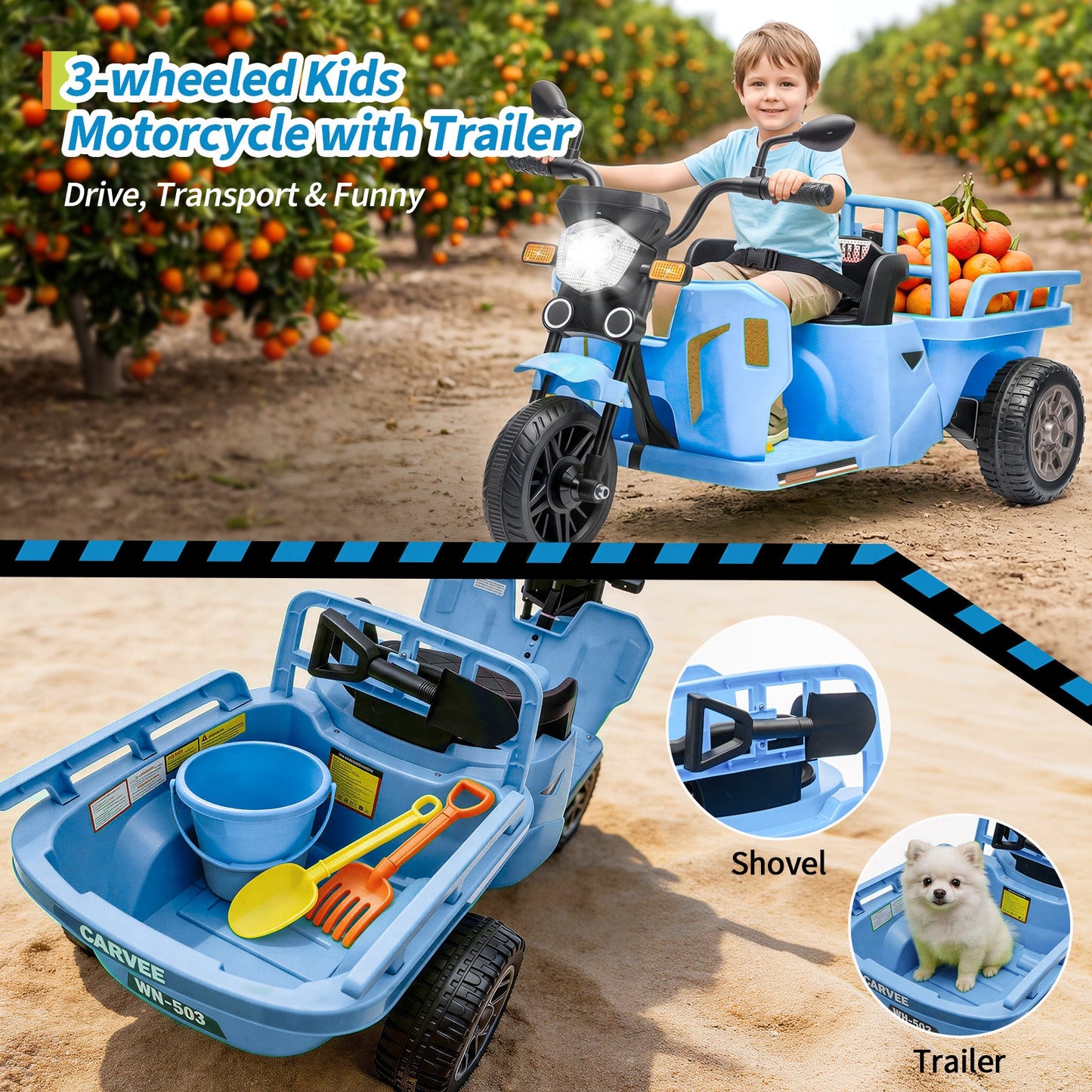 Garvee Ride P Series 3-Wheels Electric Tricycle w/Trailer, 12V Battery Powered Kids Motorcycle with Sand Shovel, 2x55W Motors, Bluetooth, Music, Headlight, Ride on Motorcycle for Kids Toddlers, Gift for Boys Girls, Light Blue