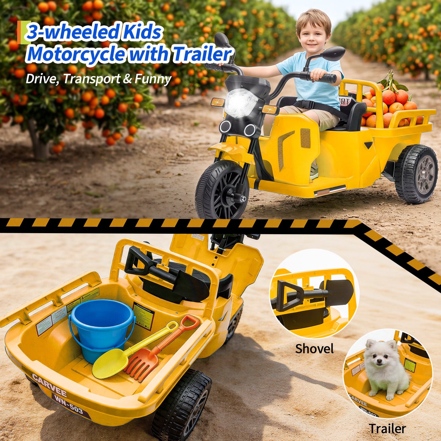 Garvee Ride P Series 3-Wheels Electric Tricycle w/Trailer, 12V Battery Powered Kids Motorcycle with Sand Shovel, 2x55W Motors, Bluetooth, Music, Headlight, Ride on Motorcycle for Kids Toddlers, Gift for Boys Girls, Yellow