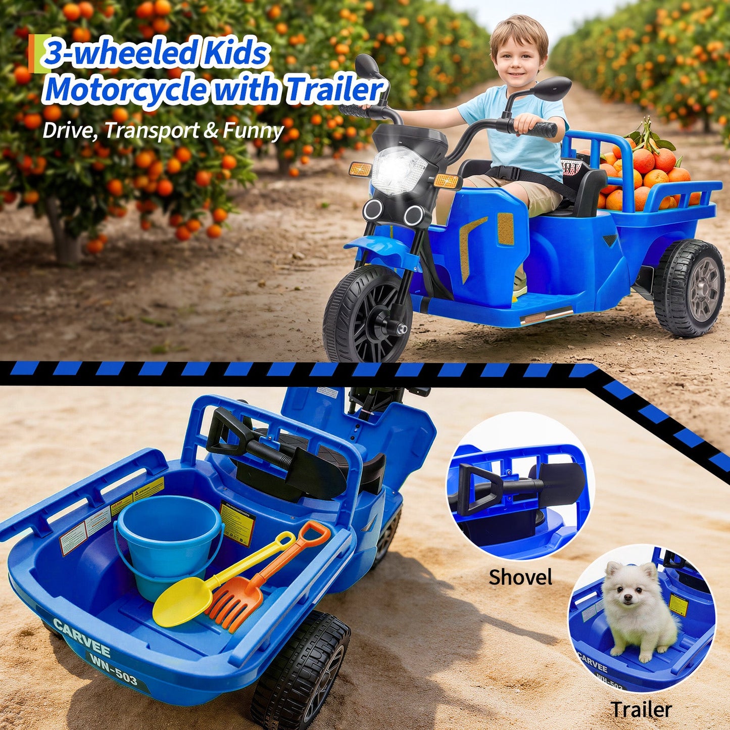 Garvee Ride P Series 3-Wheels Electric Tricycle w/Trailer, 12V Battery Powered Kids Motorcycle with Sand Shovel, 2x55W Motors, Bluetooth, Music, Headlight, Ride on Motorcycle for Kids Toddlers, Gift for Boys Girls, Dark Blue