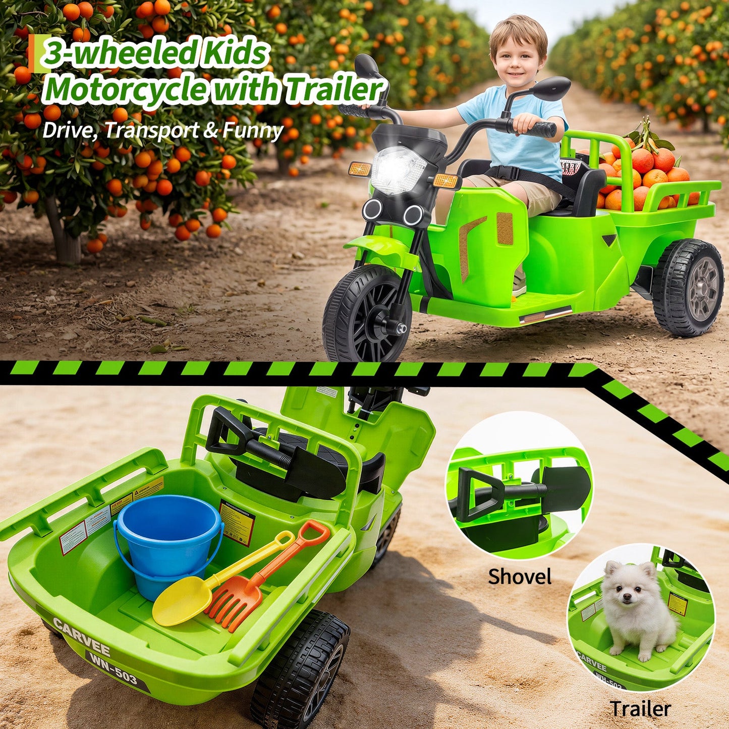Garvee Ride P Series 3-Wheels Electric Tricycle w/Trailer, 12V Battery Powered Kids Motorcycle with Sand Shovel, 2x55W Motors, Bluetooth, Music, Headlight, Ride on Motorcycle for Kids Toddlers, Gift for Boys Girls, Green