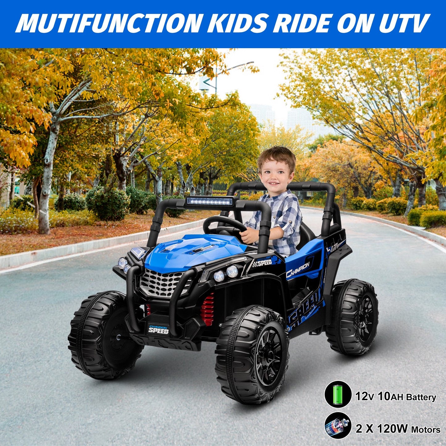 Garvee Ride - P Series: 12V Toy Electric Truck Utv with Large Wide Seat and Remote Control, Led Lights, Wireless Connection, Music, 2 Spring Suspension for 3-8 Boys & Girls
