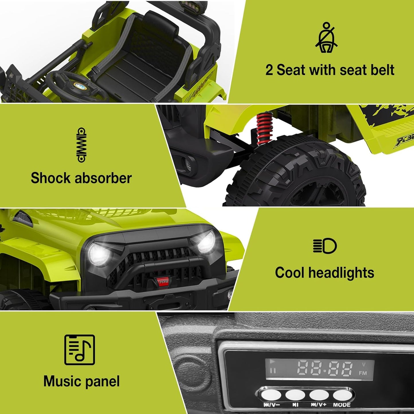 Garvee Ride P Series 12V Kids Electric Vehicles with Remote Control Spring Suspension, LED Lights, Bluetooth, 2 Speeds - Green