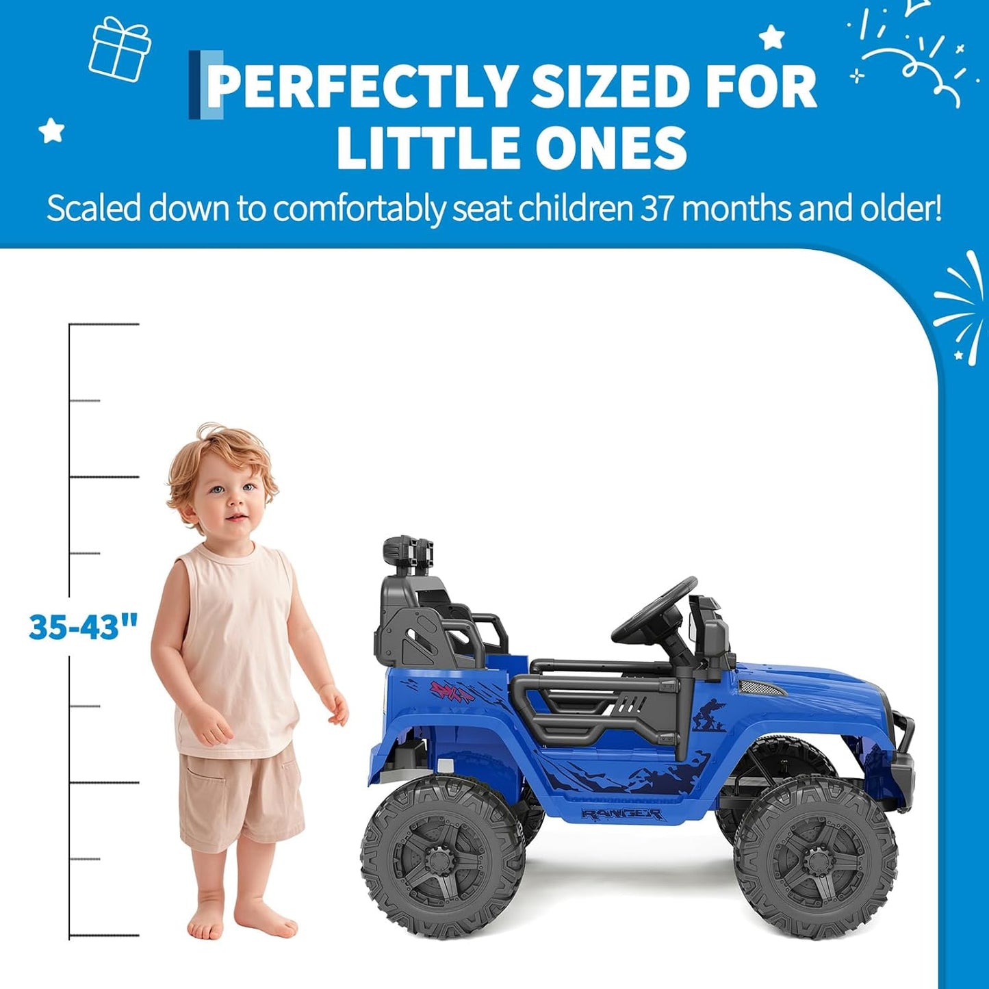 Garvee Ride P Series 12V Kids Electric Vehicles with Remote Control Spring Suspension, LED Lights, Bluetooth, 2 Speeds - Blue