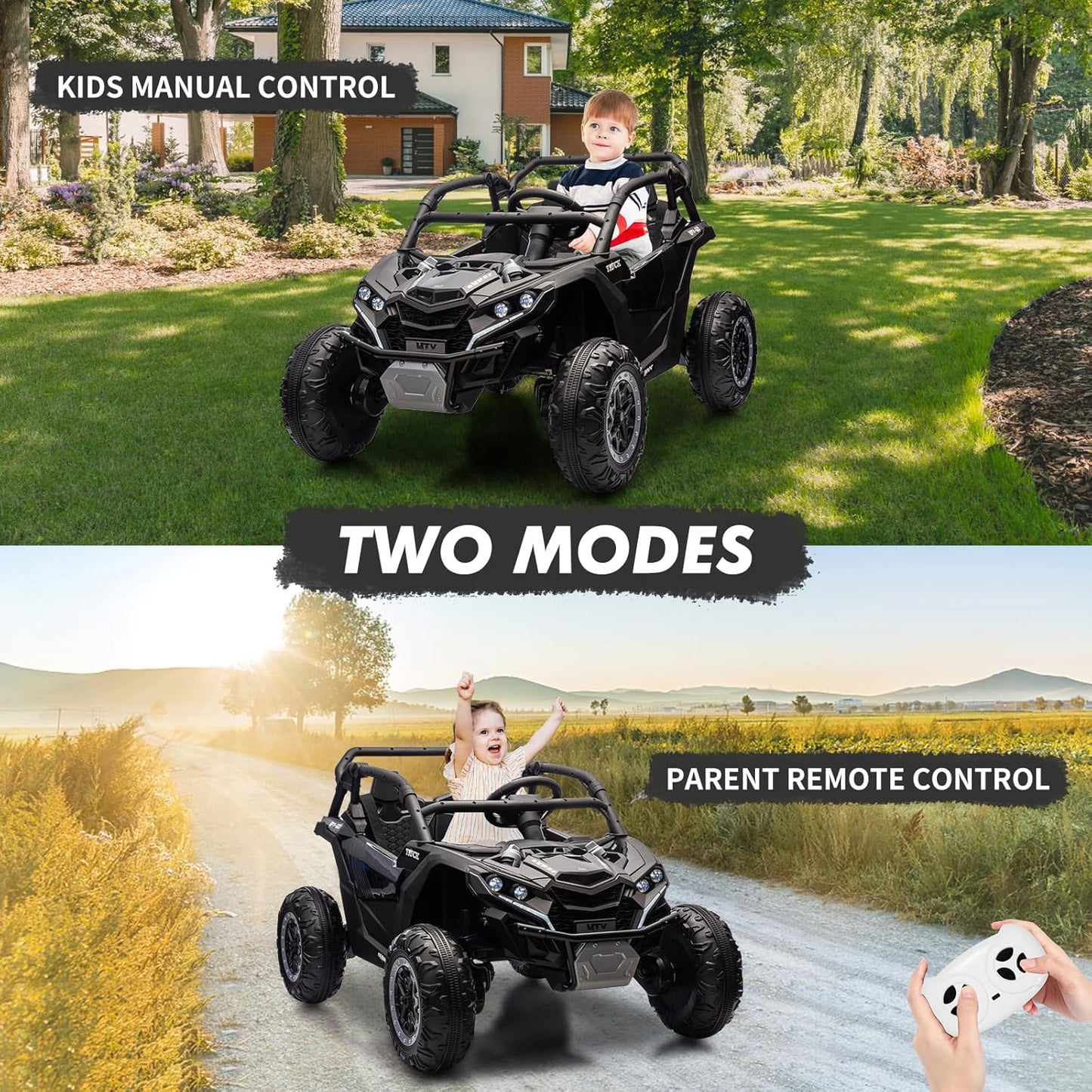 Garvee Ride - P Series: 24V Ride On Utv For Kids,2 Seater 4WD Electric Truck With Remote Control, High And Low Speed Adjustment, Led Lights, 4-wheel shock absorption,One Click Start, Music Player(Black)