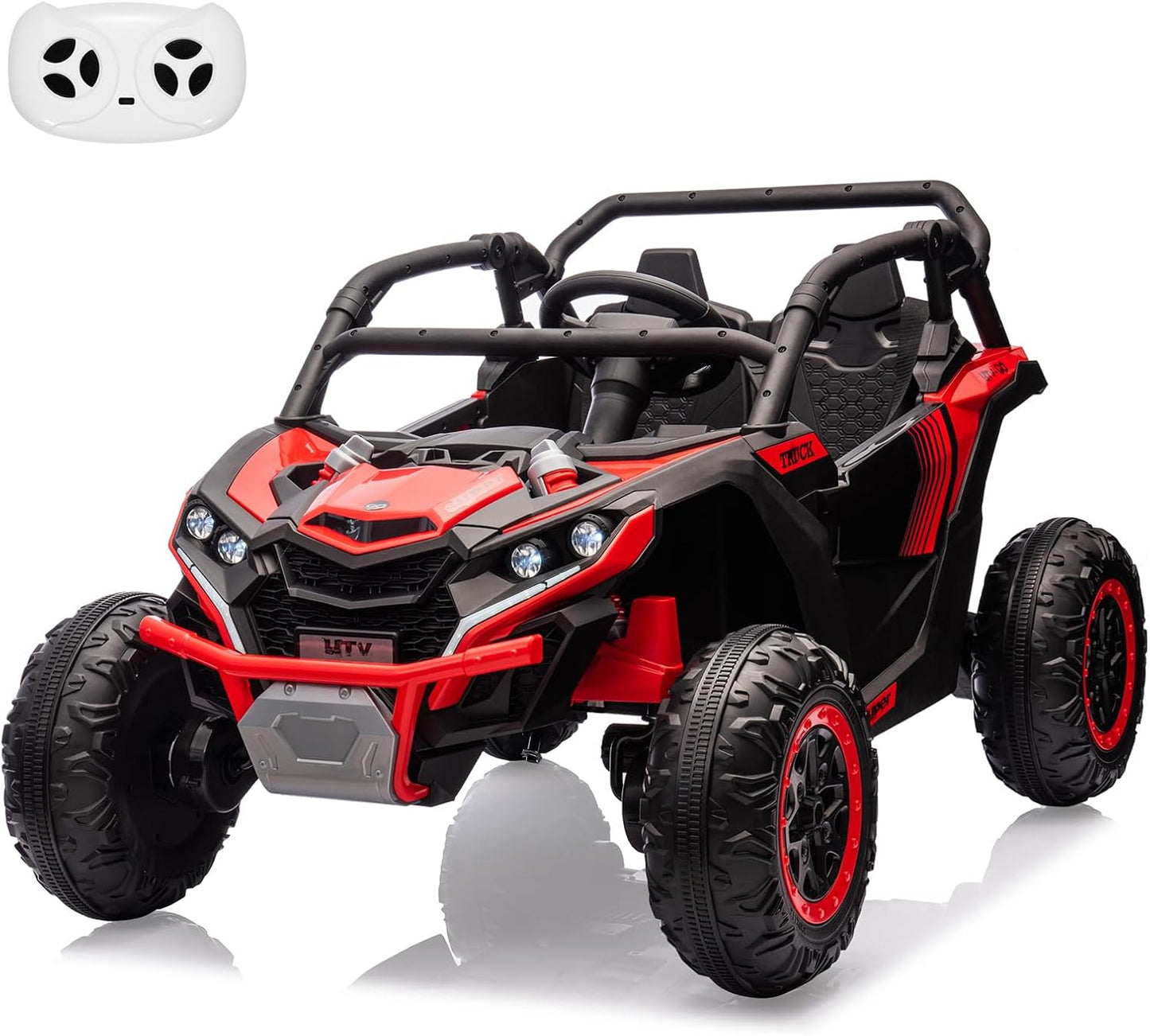Garvee Ride - P Series: 24V Ride On Utv For Kids,2 Seater 4WD Electric Truck With Remote Control, High And Low Speed Adjustment, Led Lights,4-wheel shock absorption,One Click Start, Music Player (Red)