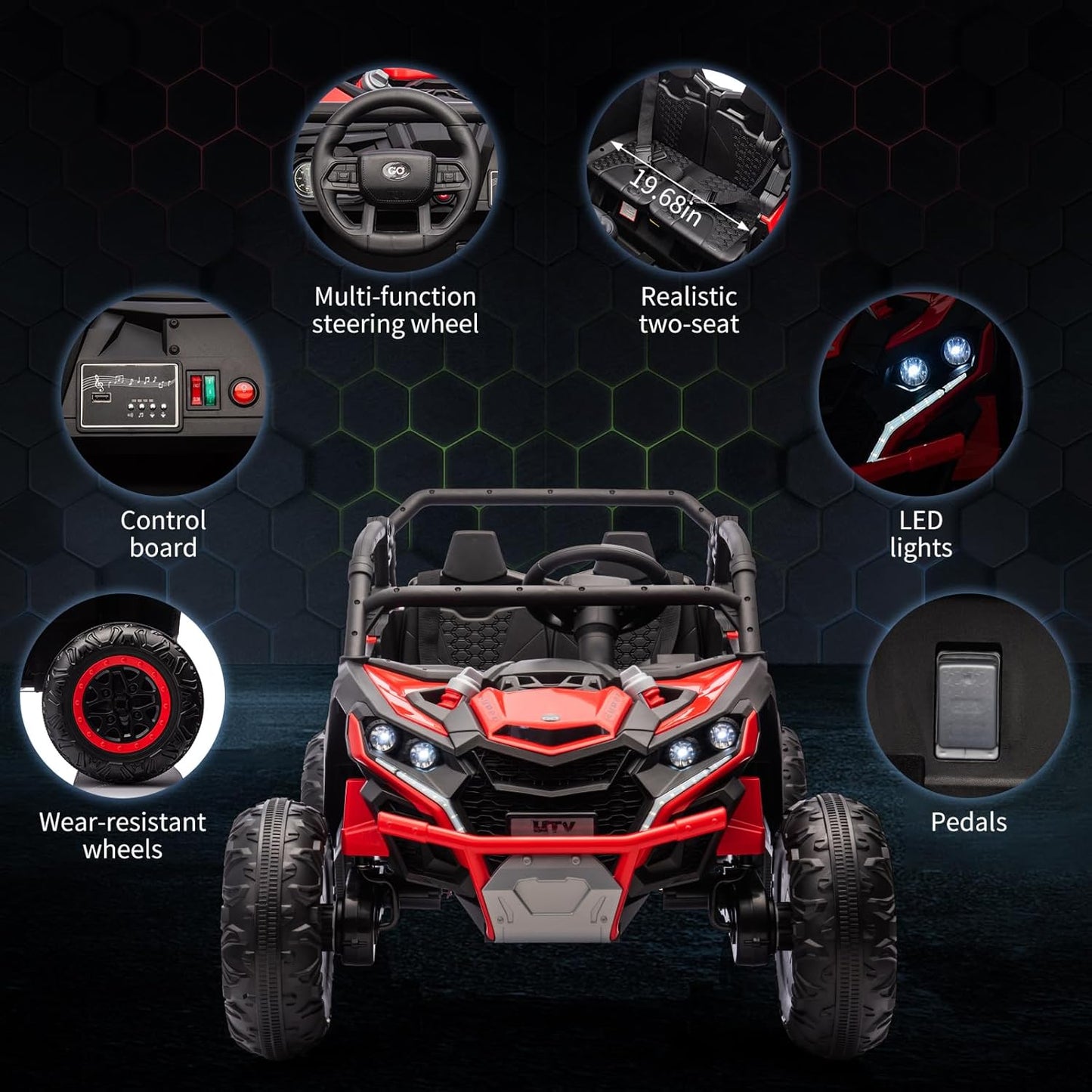 Garvee Ride - P Series: 24V Ride On Utv For Kids,2 Seater 4WD Electric Truck With Remote Control, High And Low Speed Adjustment, Led Lights,4-wheel shock absorption,One Click Start, Music Player (Red)