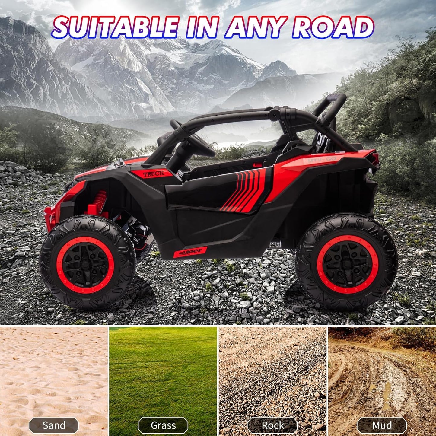 Garvee Ride - P Series: 24V Ride On Utv For Kids,2 Seater 4WD Electric Truck With Remote Control, High And Low Speed Adjustment, Led Lights,4-wheel shock absorption,One Click Start, Music Player (Red)