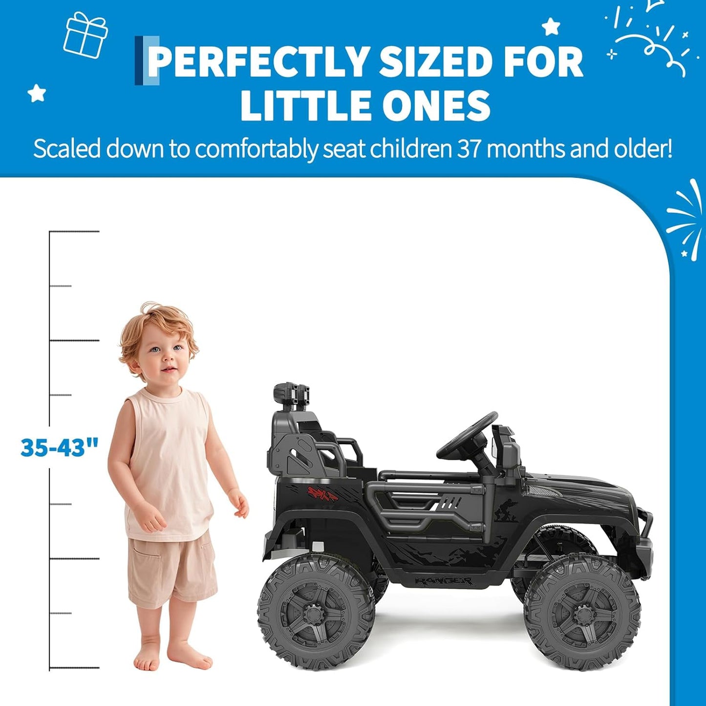 Garvee Ride P Series 12V Kids Electric Vehicles with Remote Control Spring Suspension, LED Lights, Bluetooth, 2 Speeds - Black