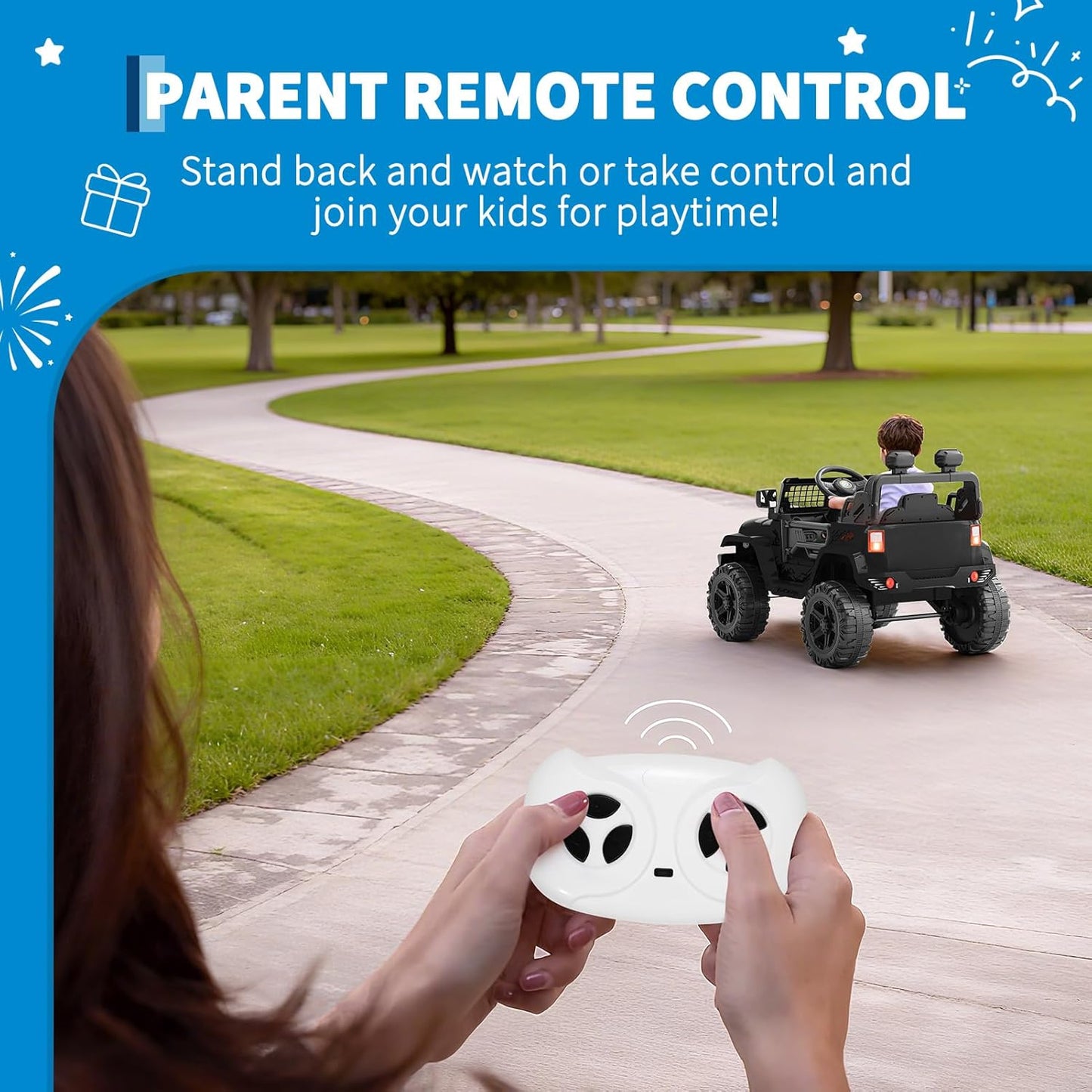 Garvee Ride P Series 12V Kids Electric Vehicles with Remote Control Spring Suspension, LED Lights, Bluetooth, 2 Speeds - Black