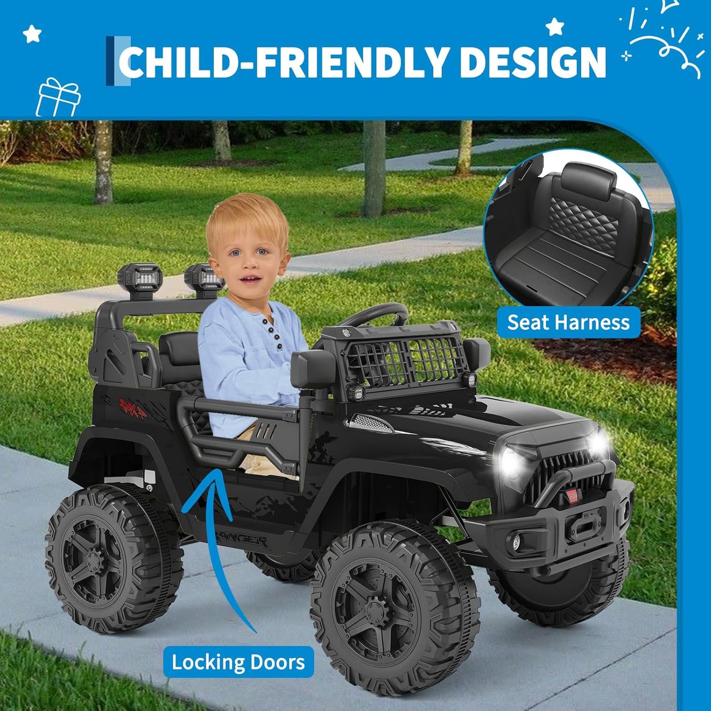 Garvee Ride P Series 12V Kids Electric Vehicles with Remote Control Spring Suspension, LED Lights, Bluetooth, 2 Speeds - Black
