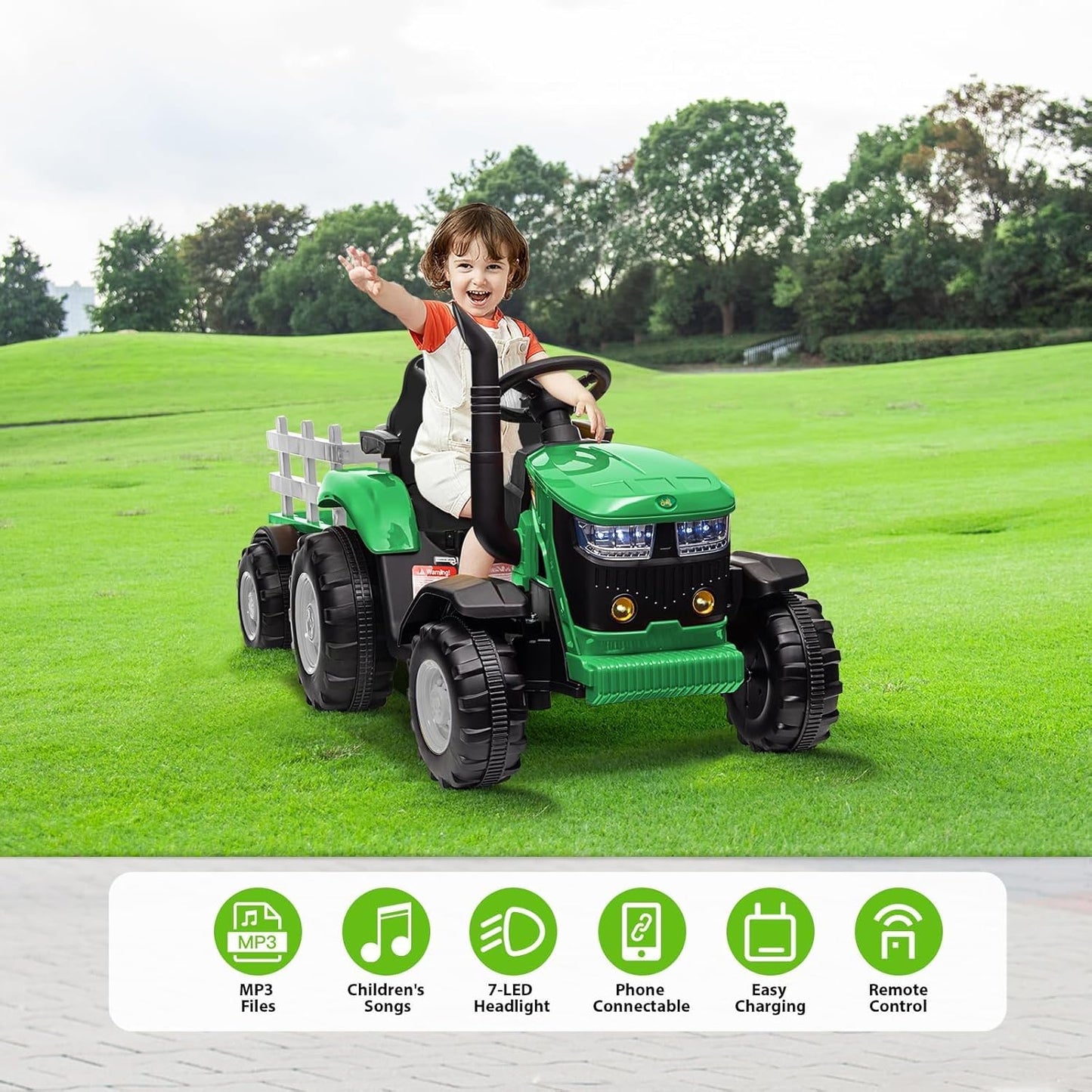 Garvee Ride - P Series: 12V Ride On Car with Trailer, Battery Powered Electric Vehicle Toy 35W Dual Motor, Led Lights, Horn, Music USB, Safety Belt, Green