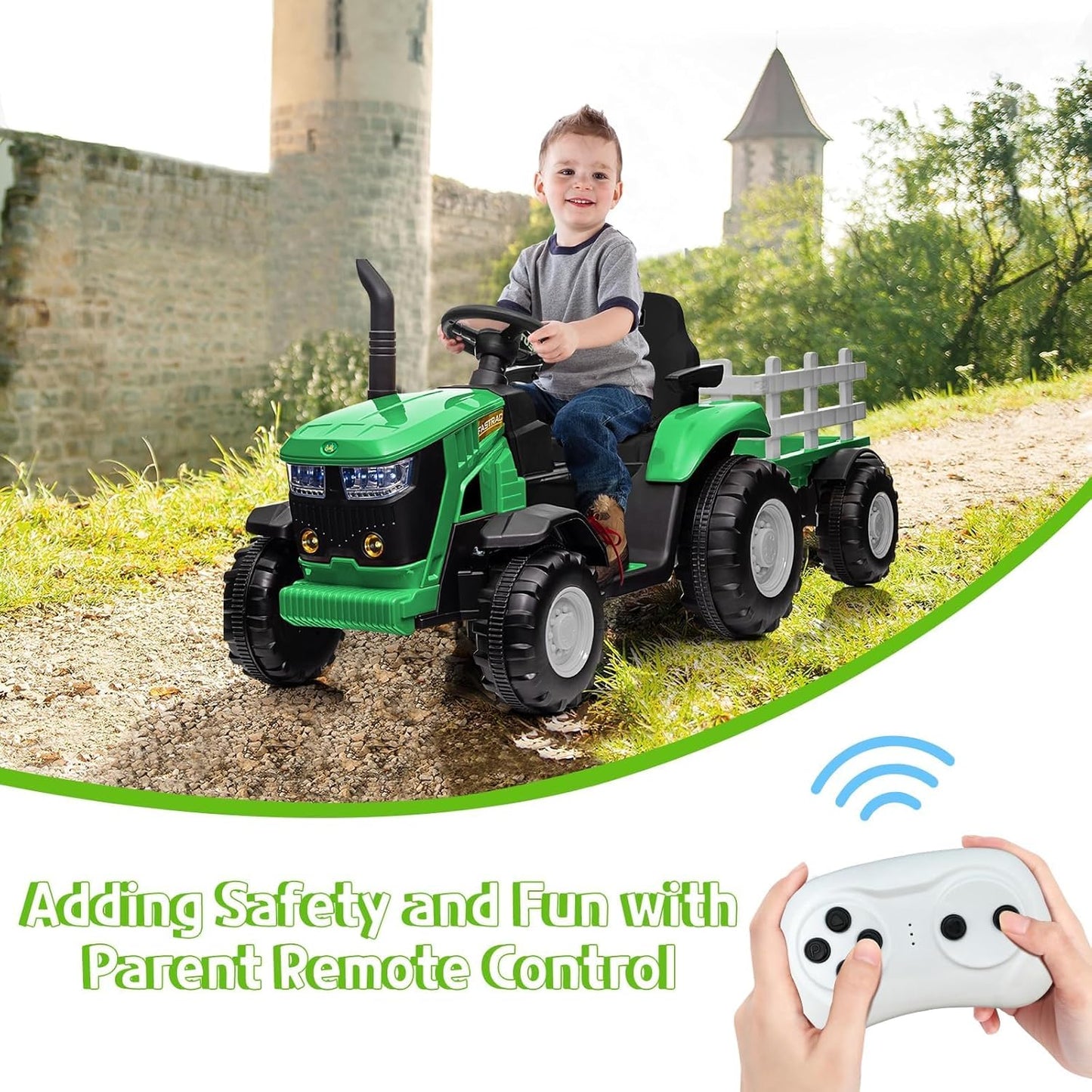 Garvee Ride - P Series: 12V Ride On Car with Trailer, Battery Powered Electric Vehicle Toy 35W Dual Motor, Led Lights, Horn, Music USB, Safety Belt, Green