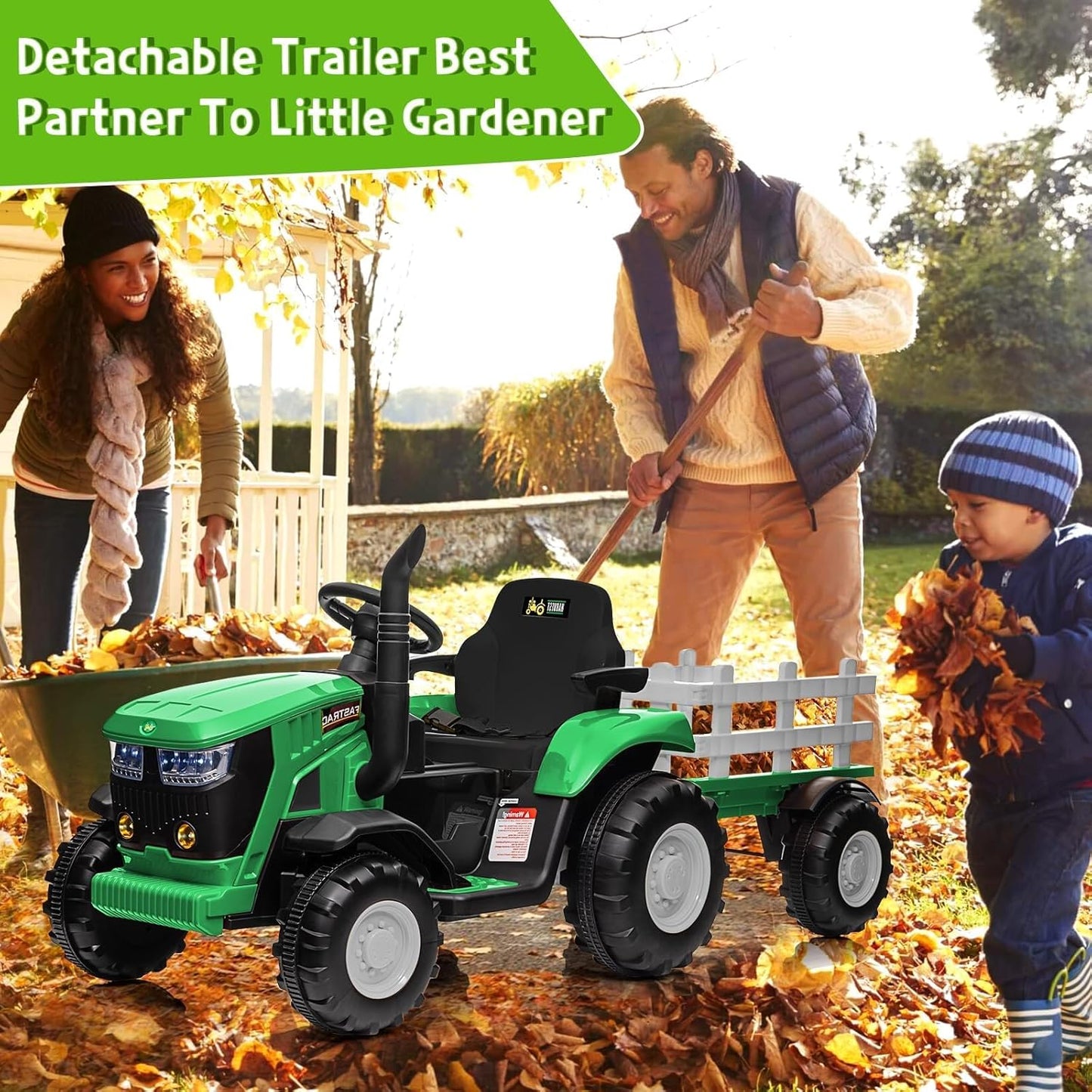 Garvee Ride - P Series: 12V Ride On Car with Trailer, Battery Powered Electric Vehicle Toy 35W Dual Motor, Led Lights, Horn, Music USB, Safety Belt, Green