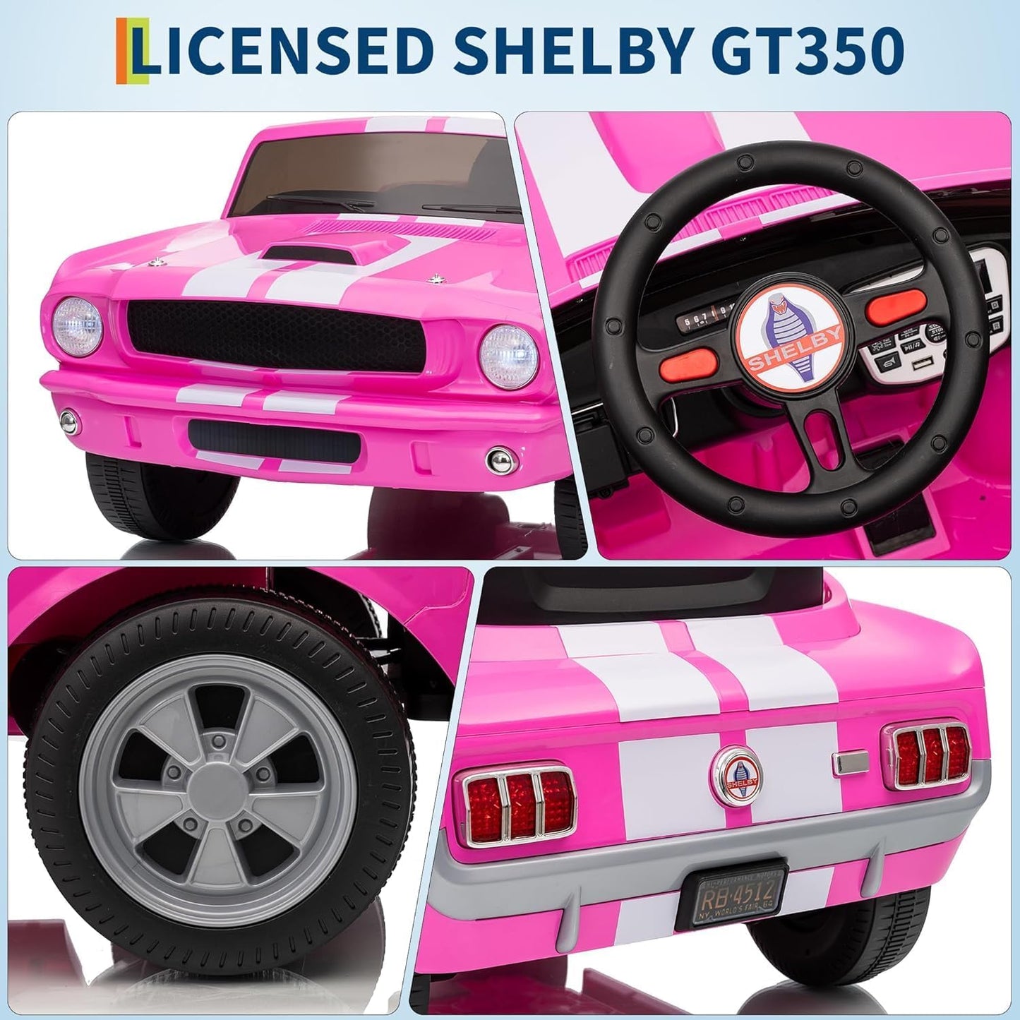 Garvee Ride - P Series: 24V 7AH 2-Seater Ride-On Car for Kids with Remote Control, Dual Safety Belts, 2-Speed, LED Lights, Music, Pink, Licensed Shelby GT350, Outdoor Play