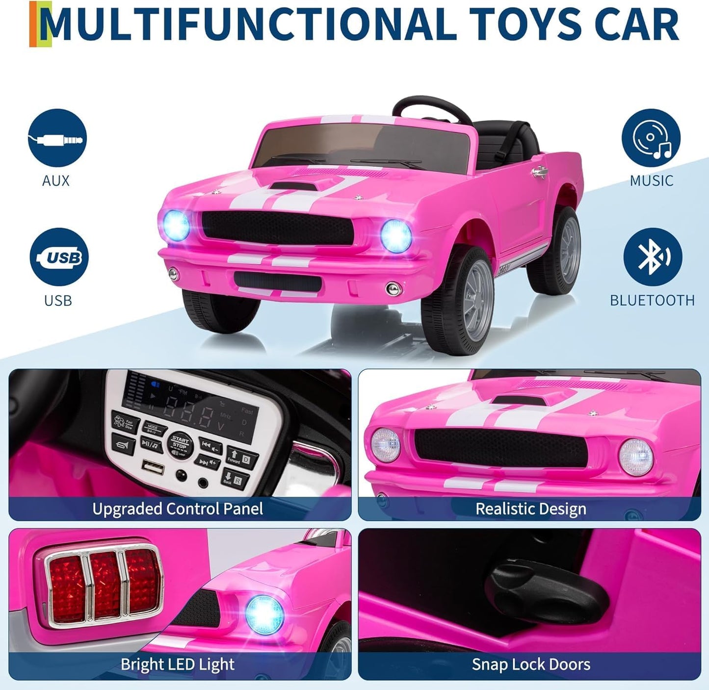Garvee Ride - P Series: 24V 7AH 2-Seater Ride-On Car for Kids with Remote Control, Dual Safety Belts, 2-Speed, LED Lights, Music, Pink, Licensed Shelby GT350, Outdoor Play