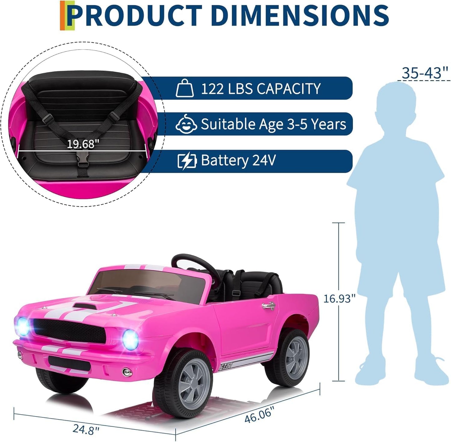 Garvee Ride - P Series: 24V 7AH 2-Seater Ride-On Car for Kids with Remote Control, Dual Safety Belts, 2-Speed, LED Lights, Music, Pink, Licensed Shelby GT350, Outdoor Play