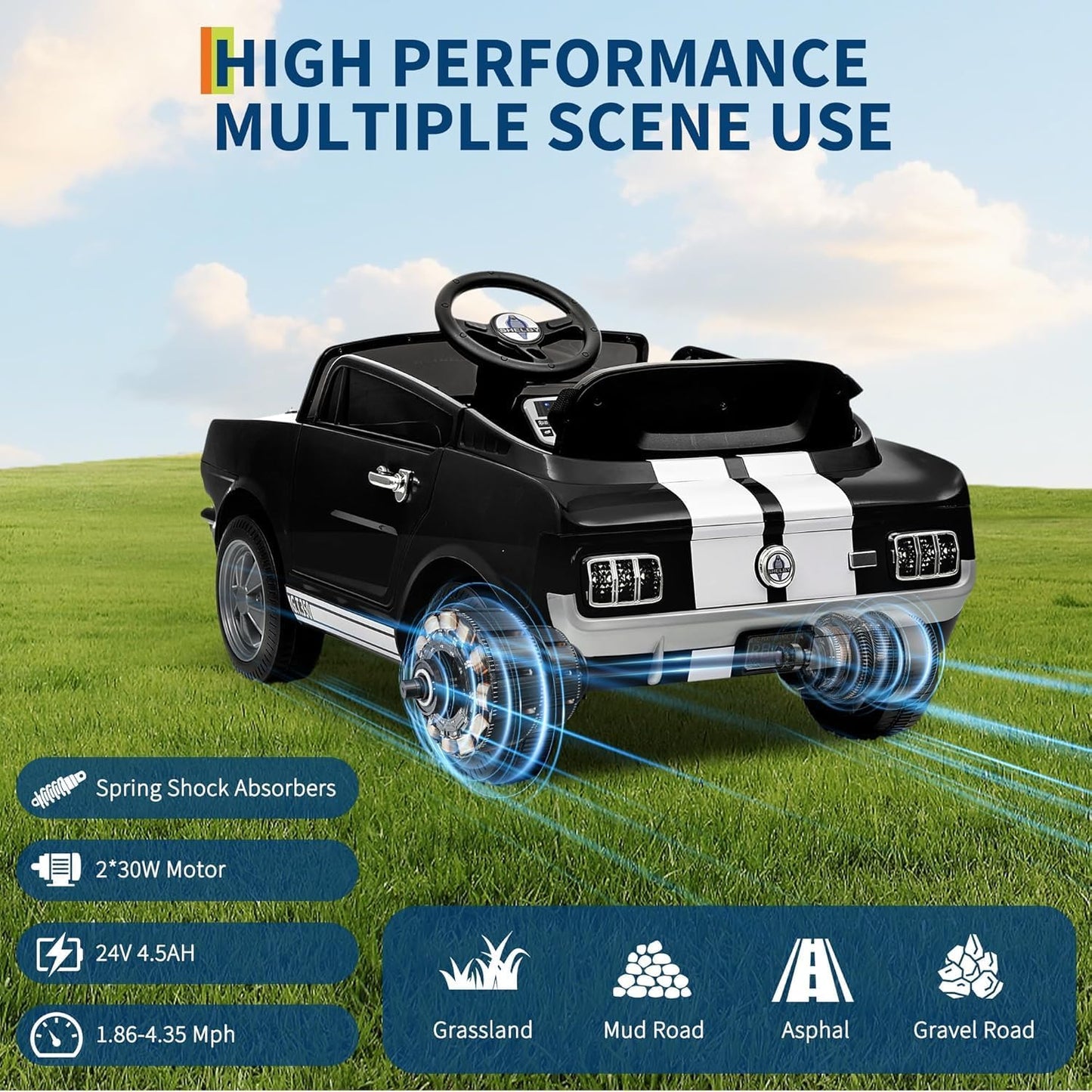 Garvee Ride - P Series: 24V 7AH 2-Seater Ride-On Car Kids Remote Control Dual Safety Belts 2-Speed LED Lights Music Black