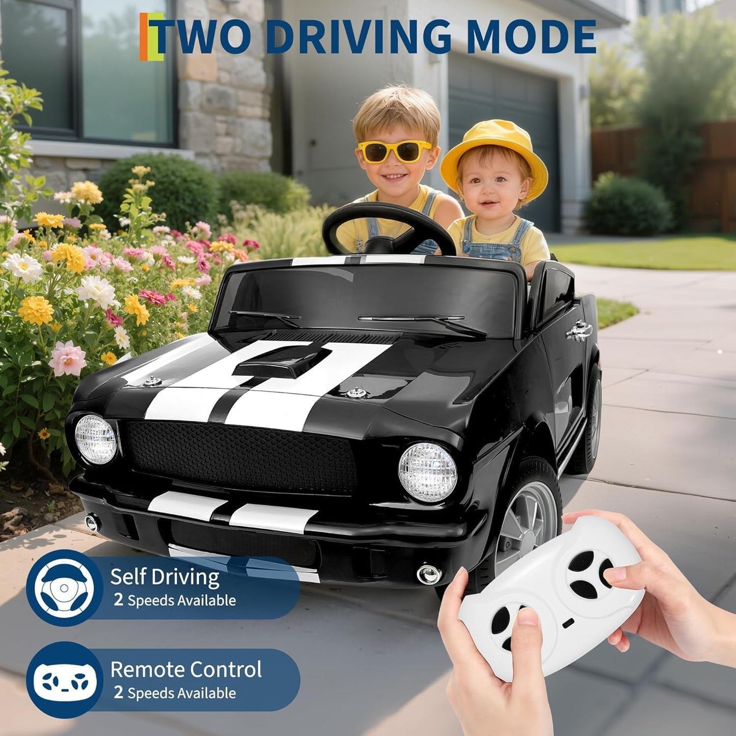 Garvee Ride - P Series: 24V 7AH 2-Seater Ride-On Car Kids Remote Control Dual Safety Belts 2-Speed LED Lights Music Black