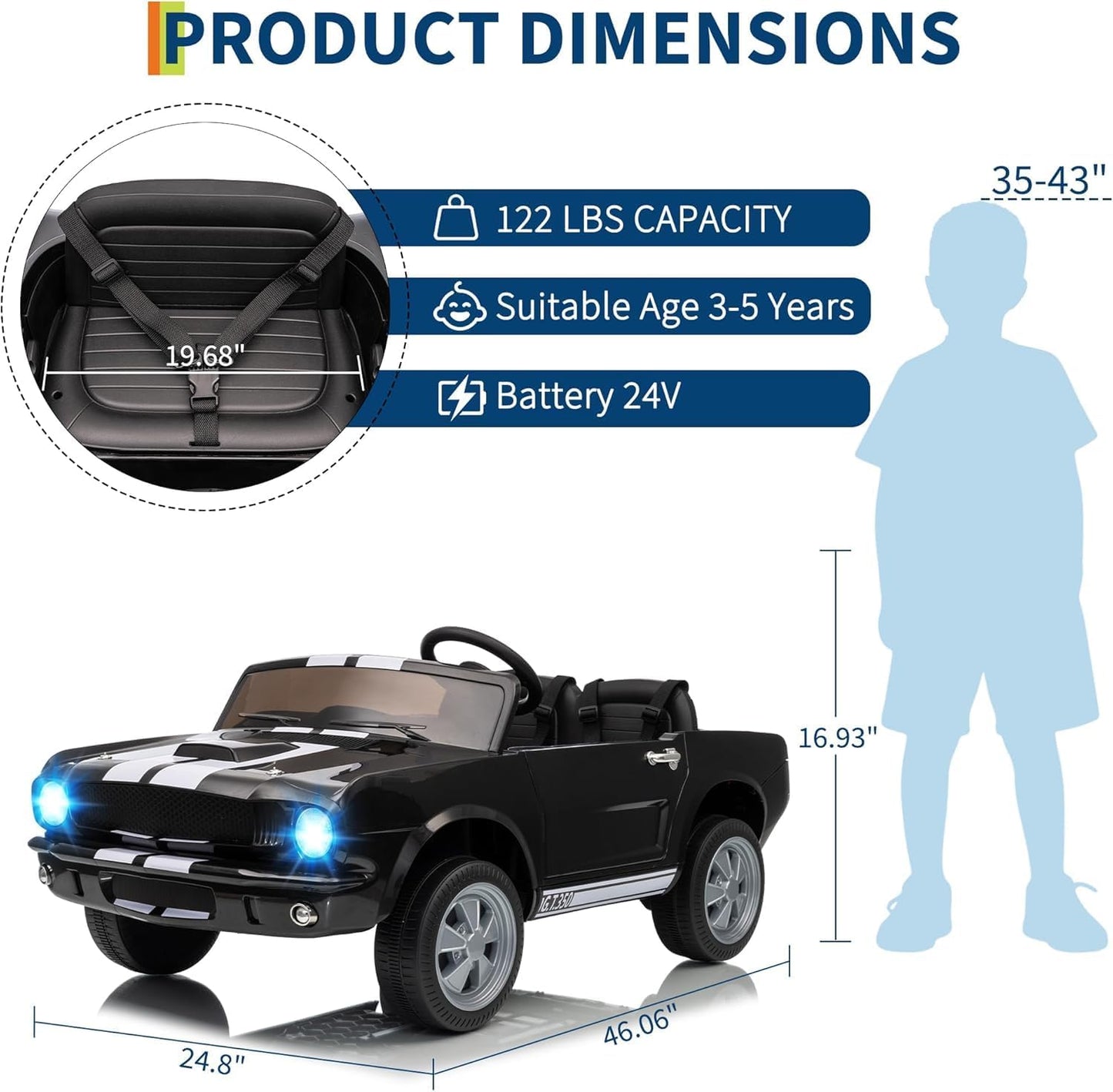 Garvee Ride - P Series: 24V 7AH 2-Seater Ride-On Car Kids Remote Control Dual Safety Belts 2-Speed LED Lights Music Black
