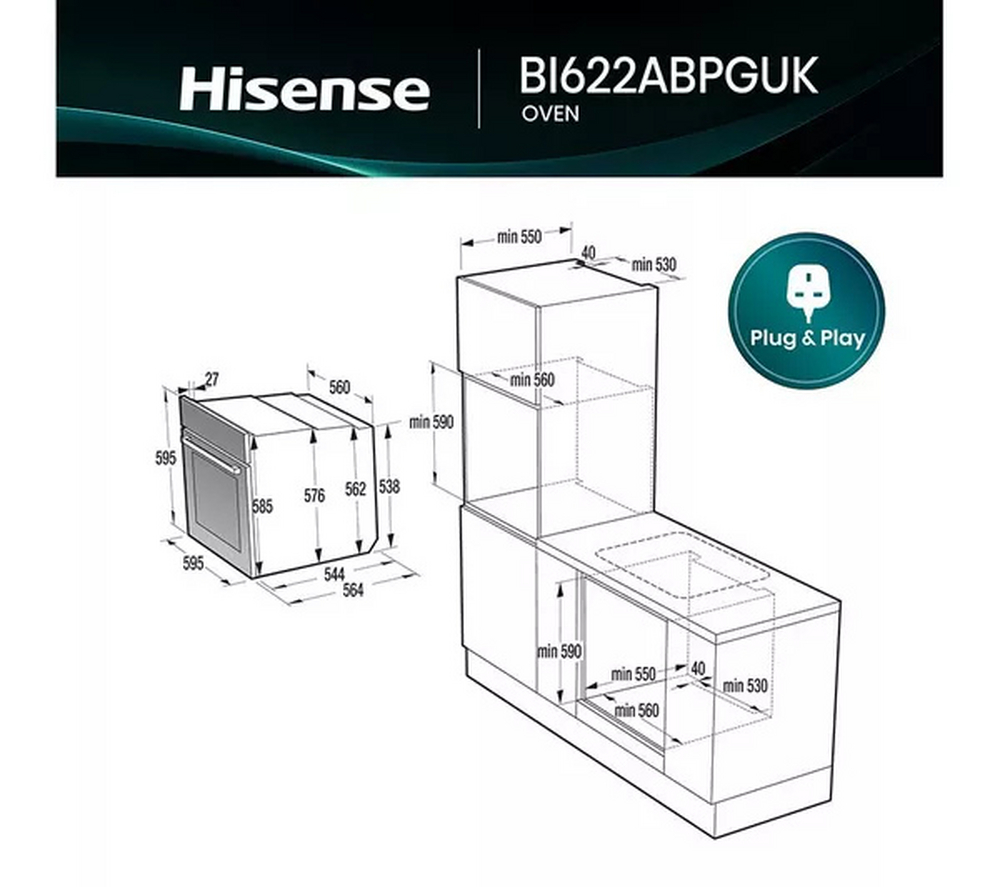 Hisense BI622ABPGUK Hi4 59.5cm Built In Plug & Play Electric Single Steam Oven Jet Black