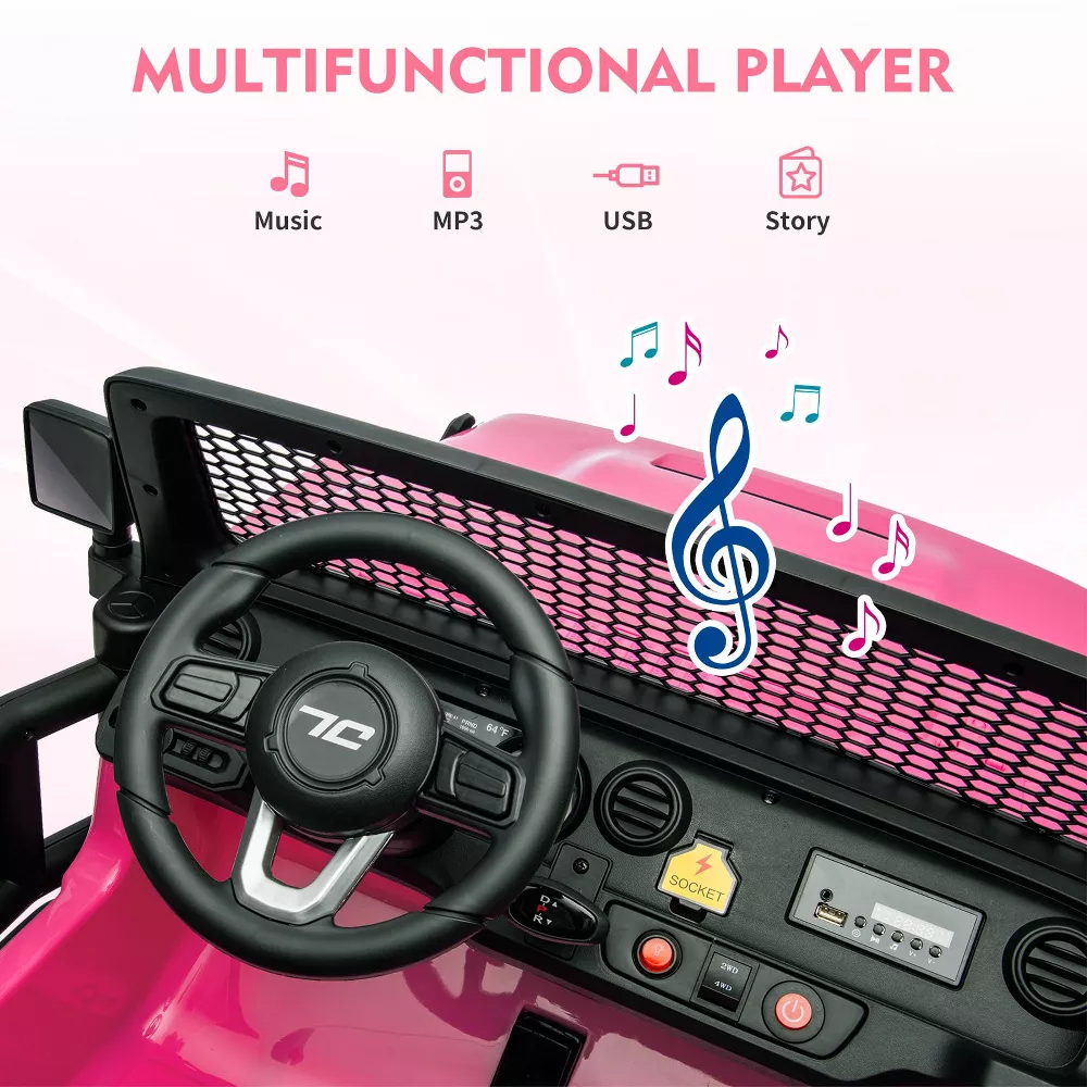 Garvee Ride - P Series: 24V 7AH Kids Ride on Truck Car 2 Seater Electric Vehicles for Toddles 2WD/4WD Switchable Battery Powered Cars with Remote Control, 4-Wheeler Suspension, LED Lights, MP3, Back Storage - Pink