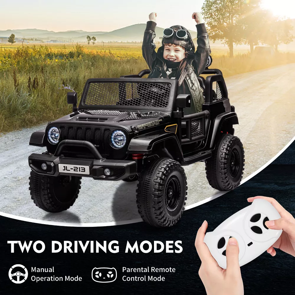 Garvee Ride - P Series: 24V 7AH Kids Ride on Truck Car 2 Seater Electric Vehicles for Toddles 2WD/4WD Switchable Battery Powered Cars with Remote Control, 4-Wheeler Suspension, LED Lights, MP3, Back Storage - Black